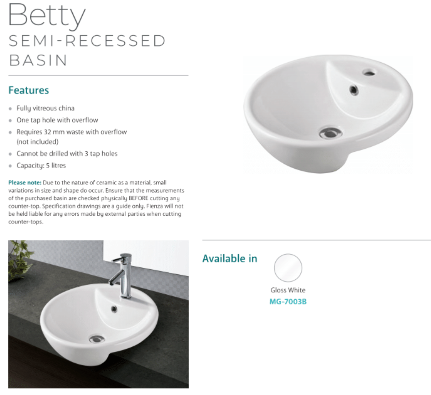 Fienza Betty MG 7003B 1 Tap Hole Semi-Recessed Ceramic Bathroom Sink - White | Perfect for Modern Vanities, Powder Rooms & Small Bathroom Designs