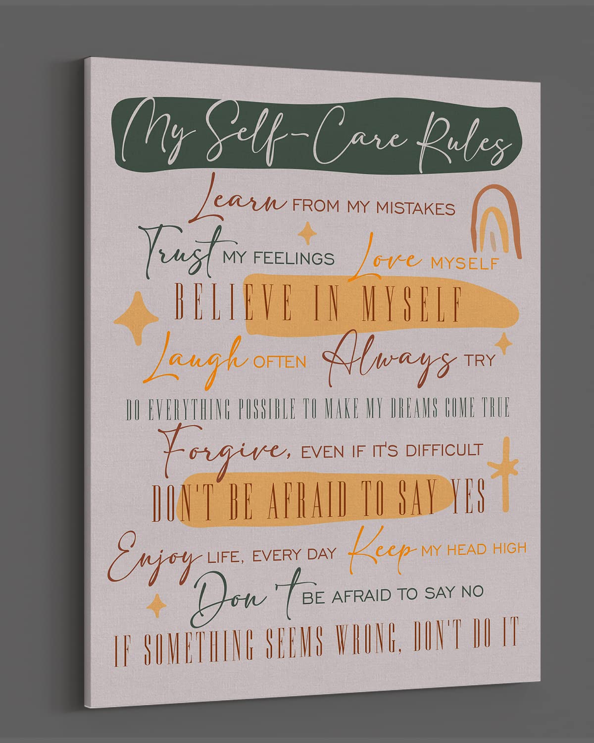 Self-Care Positive Quotes Wall Art - Motivational Canvas Print for Women & Men - Inspirational Classroom Decor - Uplifting Encouragement Gift for Home, Office, Bedroom - Ready to Hang 24x30 Inch Canvas