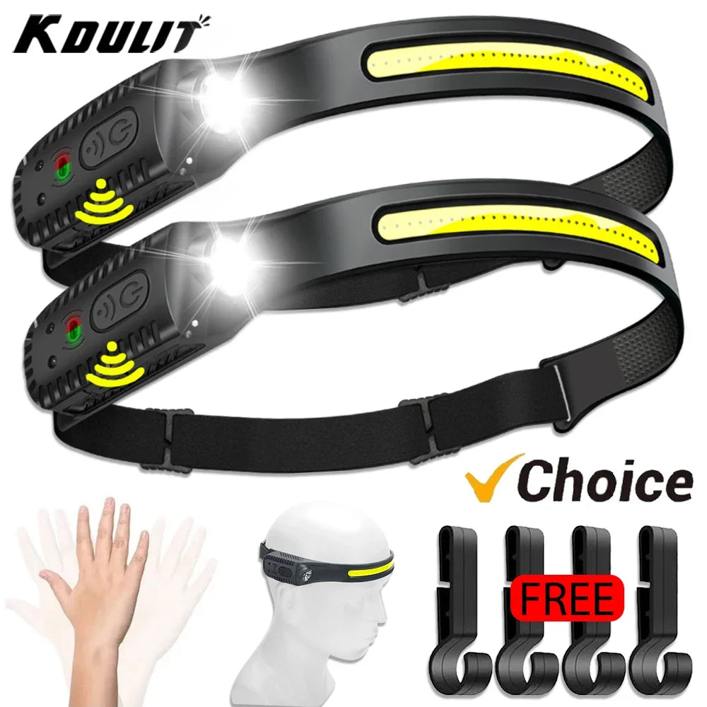 USB Rechargeable LED Sensor Headlamp - XPE+COB Bright Headlight with Motion Detection, Adjustable Head Torch for Camping, Hiking, Fishing & Outdoor Activities | Waterproof Flashlight for Night Work & Emergency Use