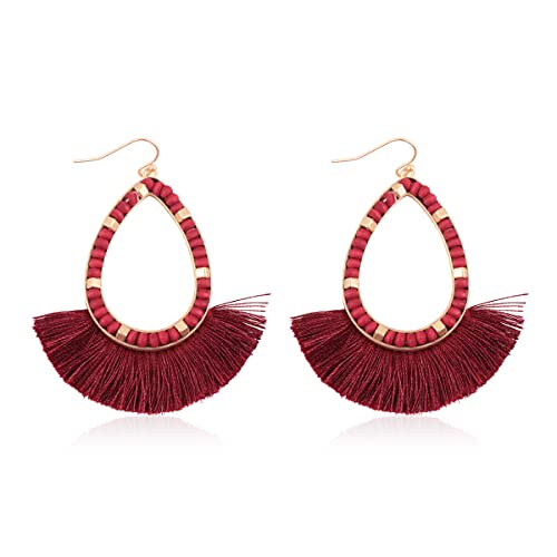 Boho Bead Fringe Tassel Earrings - Teardrop Burgundy