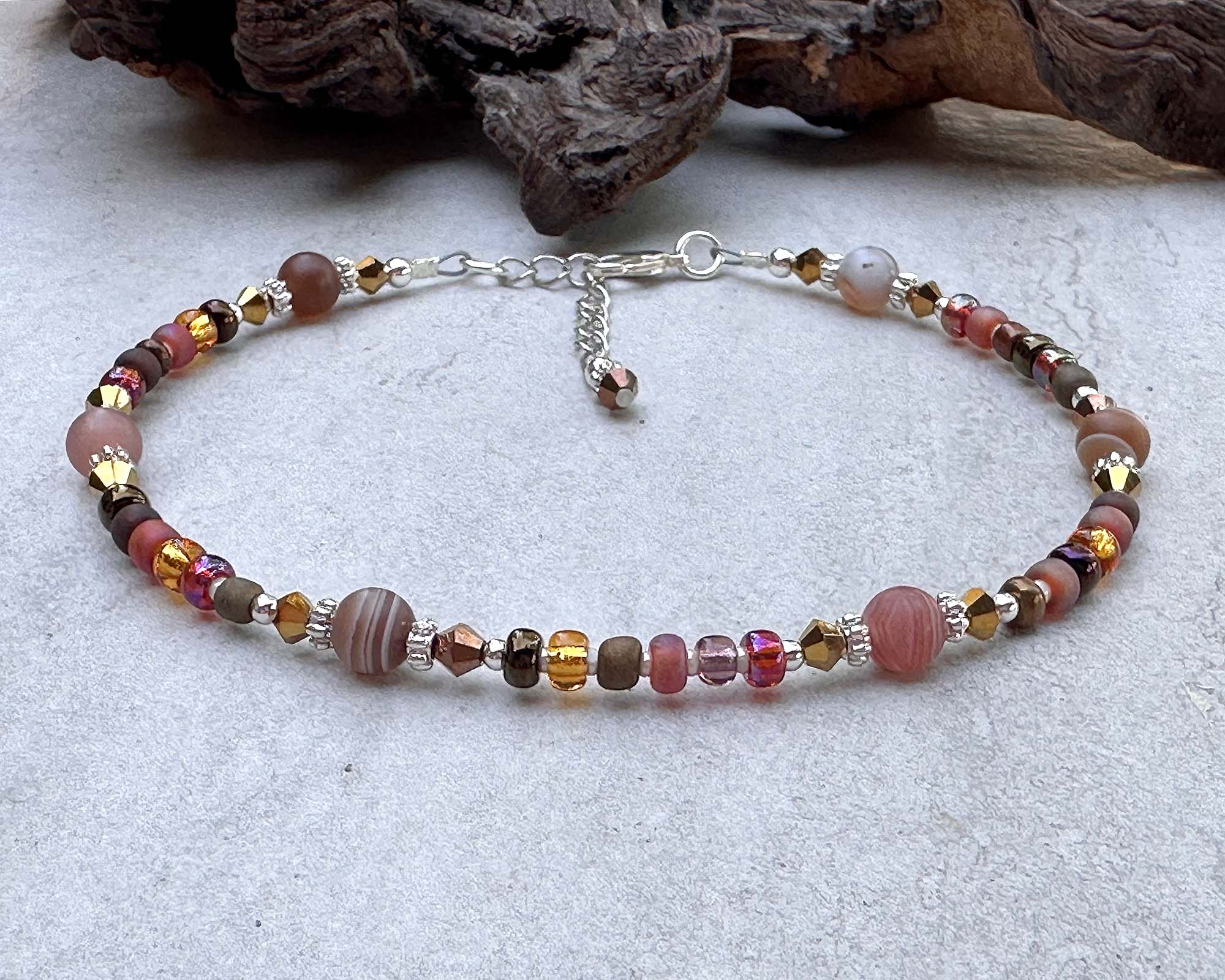 10 Natural Chestnut Agate Gemstone Beaded Anklet Bracelet for Women - Boho Chic Adjustable Ankle Jewelry for Beach, Yoga & Summer Outfits