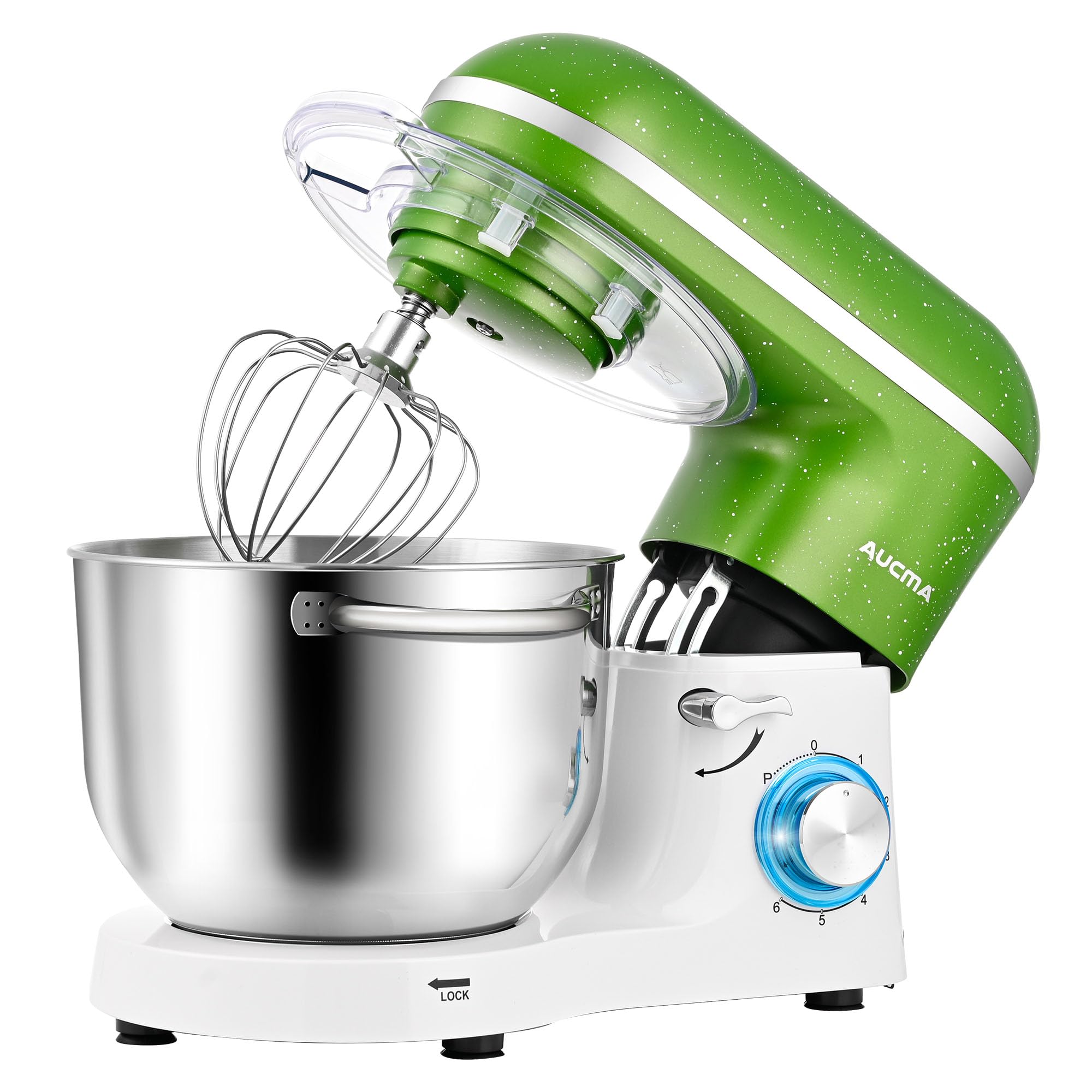 Aucma 6.5QT 660W Stand Mixer - 6-Speed Tilt-Head Electric Kitchen Mixer with Dough Hook, Wire Whip & Beater (Green-White) - Perfect for Baking Cakes, Cookies, Bread & Pastries at Home