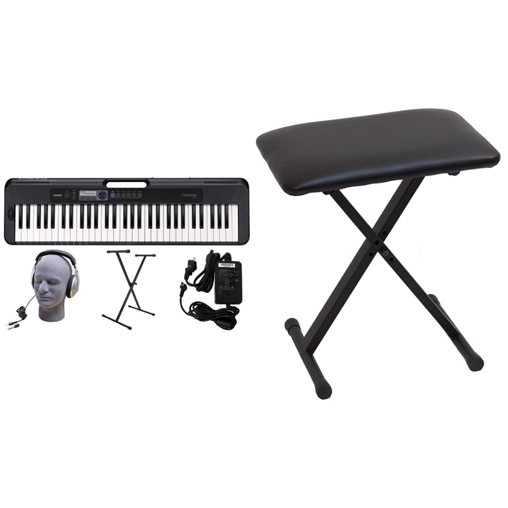 Casio CT-S300 61-Key Premium Portable Keyboard Bundle with Stand, Headphones & Power Supply + Adjustable X-Style Padded Keyboard Bench - Ideal for Home Practice, Music Lessons & Live Performances