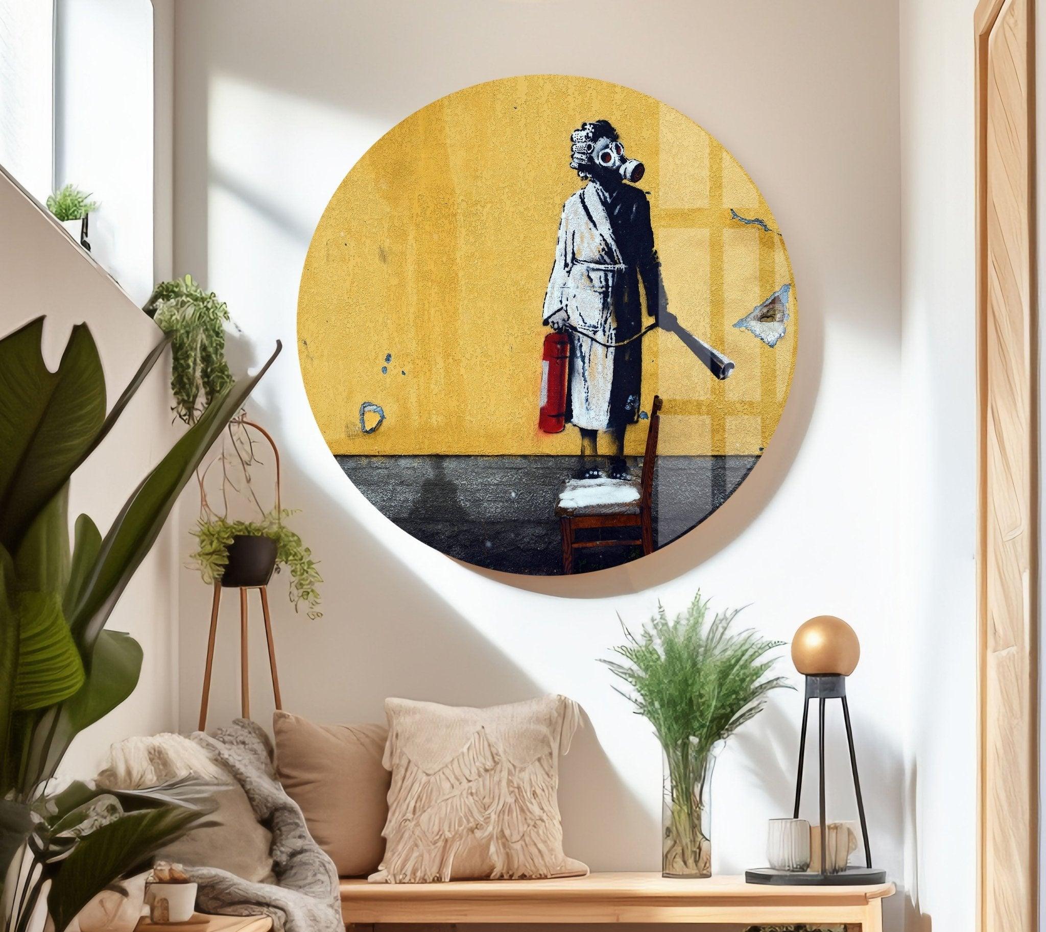Banksy Woman with Gas Mask Glass Wall Art - Modern Home Decor, Office & Living Room Wall Sticker - Unique Urban Street Art Print for Contemporary Spaces