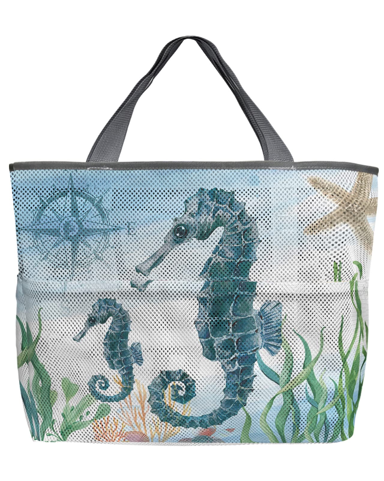 Extra Large Mesh Beach Bag - Coastal Seahorse Compass Design Oversized Pool Tote for Women | Waterproof Travel Bag for Swimming, Vacation & Summer Outings