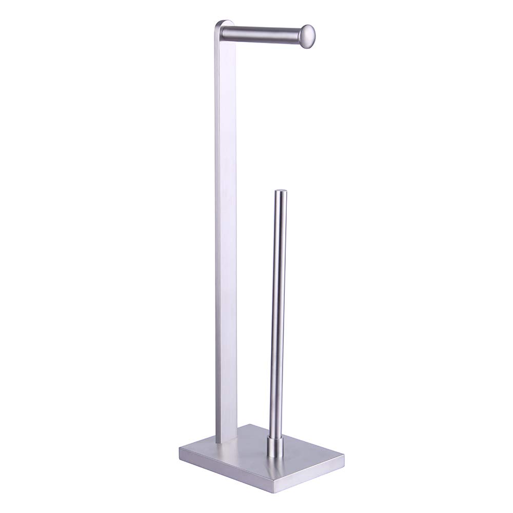 Premium GERZWY SUS 304 Stainless Steel Free Standing Toilet Paper Holder - Brushed Nickel Finish Bathroom Tissue Roll Stand for Modern Bathrooms, Powder Rooms & Guest Toilets - DZY022-LS
