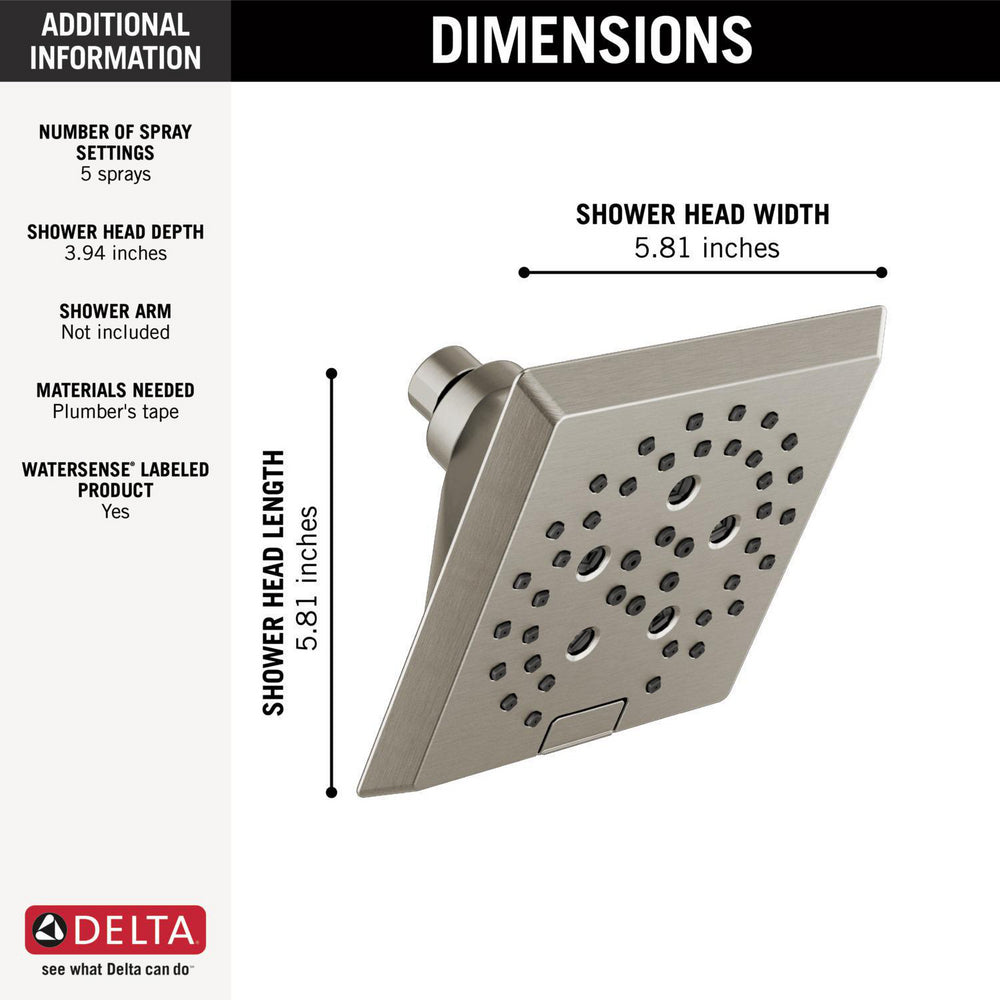 Delta H2Okinetic 5-Setting Modern Angular Shower Head with Lumicoat Stainless Steel Finish (Model 52664 SS PR) - Perfect for Spa-Like Bathroom Experience & Water Conservation