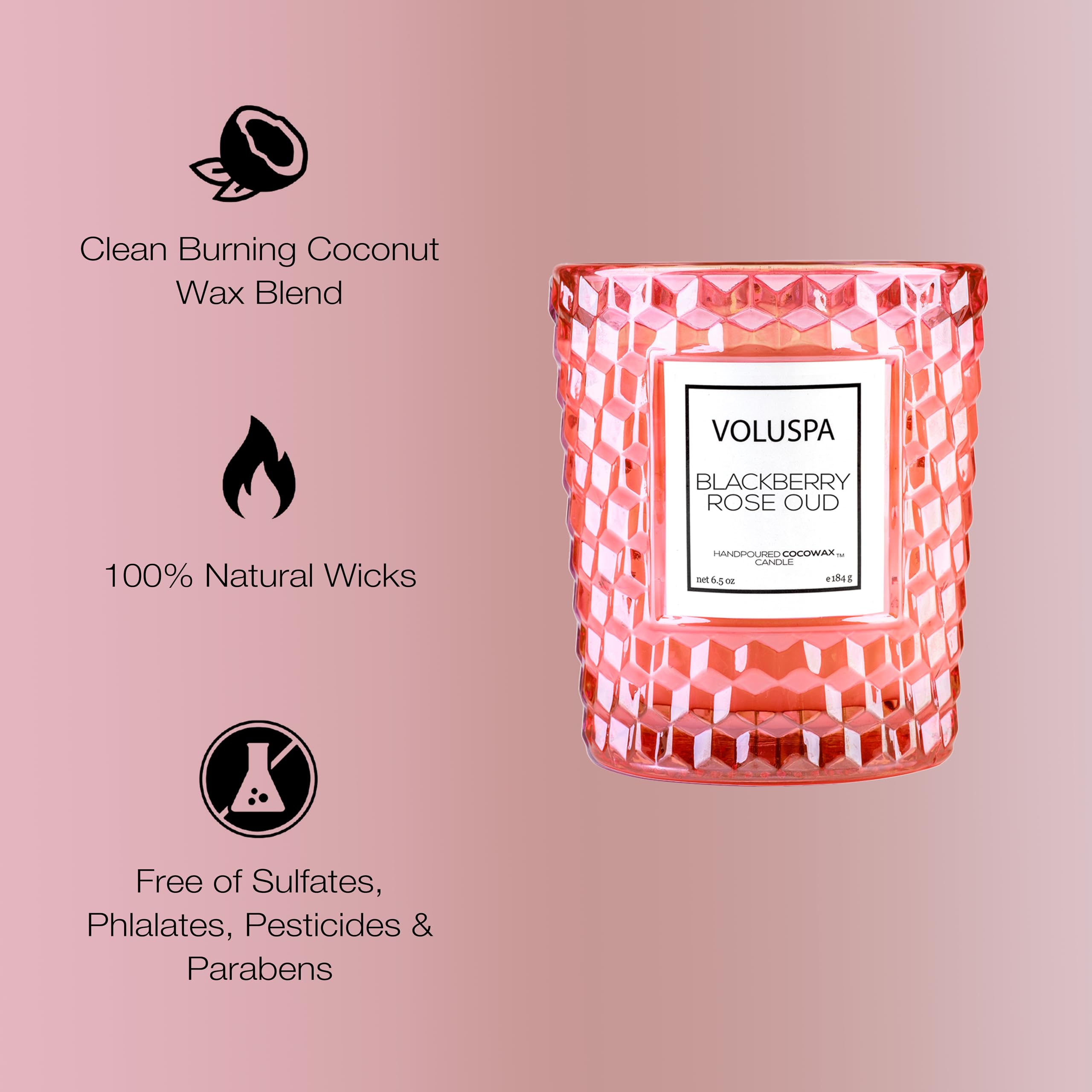 Voluspa BlackBerry Rose Oud Scented Candle - 6.5 oz Coconut Wax Jar, 40 Hour Burn Time, Clean Burning, Handcrafted in USA | Perfect for Home Decor, Romantic Dinners & Spa Relaxation