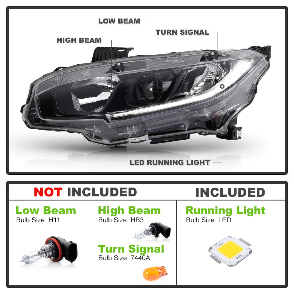 ACANII Black Housing Projector Headlights Assembly Pair for 2016-2021 Honda Civic - Left+Right Halogen Replacement - Upgrade Night Visibility & Style for Daily Driving & Road Trips