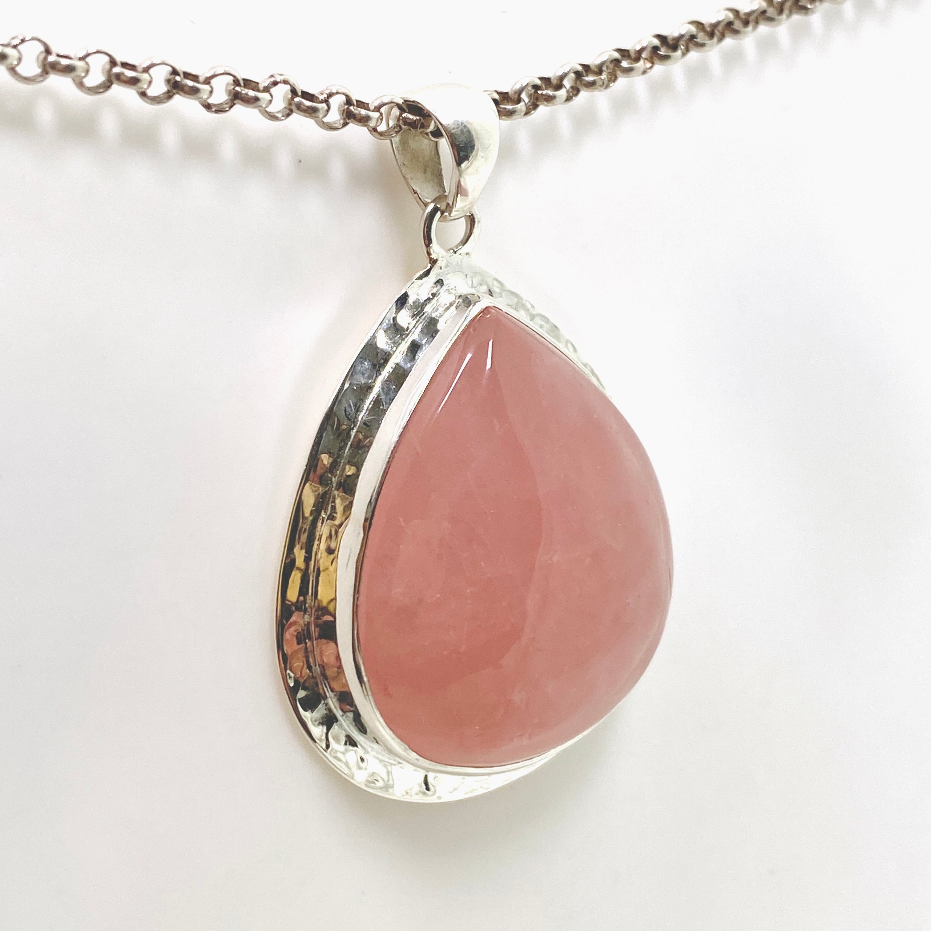 Rose Quartz Teardrop Cabochon Pendant in Hammered Silver Setting KPGJ4688 - Perfect for Meditation, Healing Jewelry & Spiritual Gifts