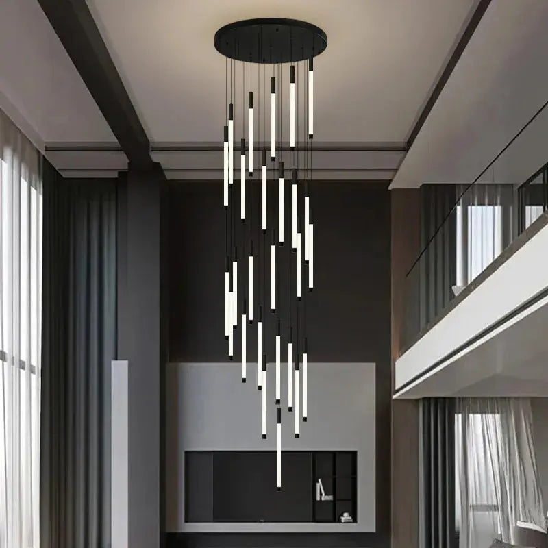 Modern Long Chandelier for Staircase - Black/Gold/Silver Crystal Pendant Light Fixture | Elegant Entryway & Foyer Lighting for Home Decor | Perfect for Stairwells, Hallways, and High Ceilings