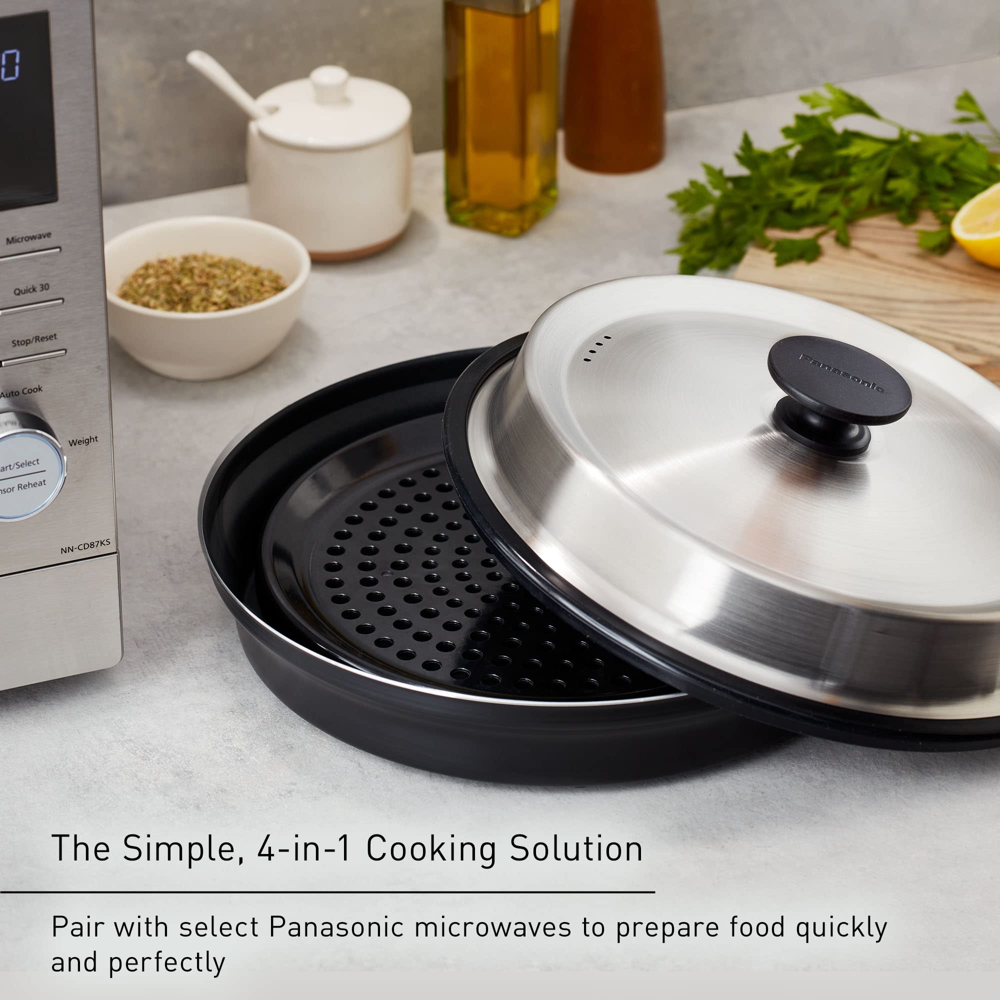 Panasonic HomeChef Magic Pot for Microwave Oven - 4-in-1 Microwave Safe Cookware for Pan Searing, Simmering, Steaming & Grilling (NN-ASP1AW) - Perfect for Quick Meals, Healthy Cooking & Small Kitchen Spaces