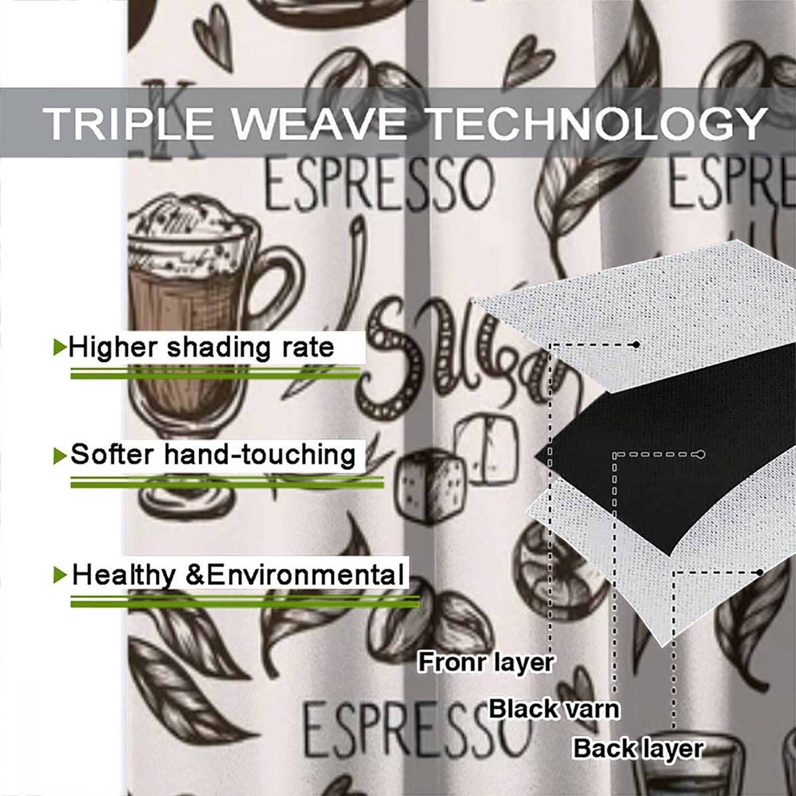 Blackout Coffee Silhouette Curtains for Kitchen & Living Room - 42x54 Inch Window Door Rod Pocket Drapes with Various Coffee Cup Designs | Perfect for Home Decor, Cafe Style, and Light Blocking