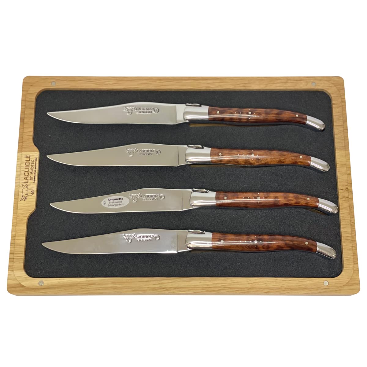Laguiole en Aubrac Luxury Forged Full Tang Stainless Steel Steak Knives Set - 4-Piece with Amourette Snakewood Handle & Shiny Bolsters - Perfect for Fine Dining, Steakhouse Experience & Gourmet Gifts