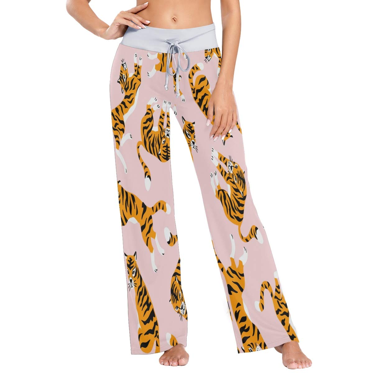 ALAZA Cute Tiger Print Pink Women's Pajama Lounge Pants - Soft Stretchy Wide Leg Sleepwear for Women - Perfect for Sleepovers, Relaxing at Home & Cozy Loungewear