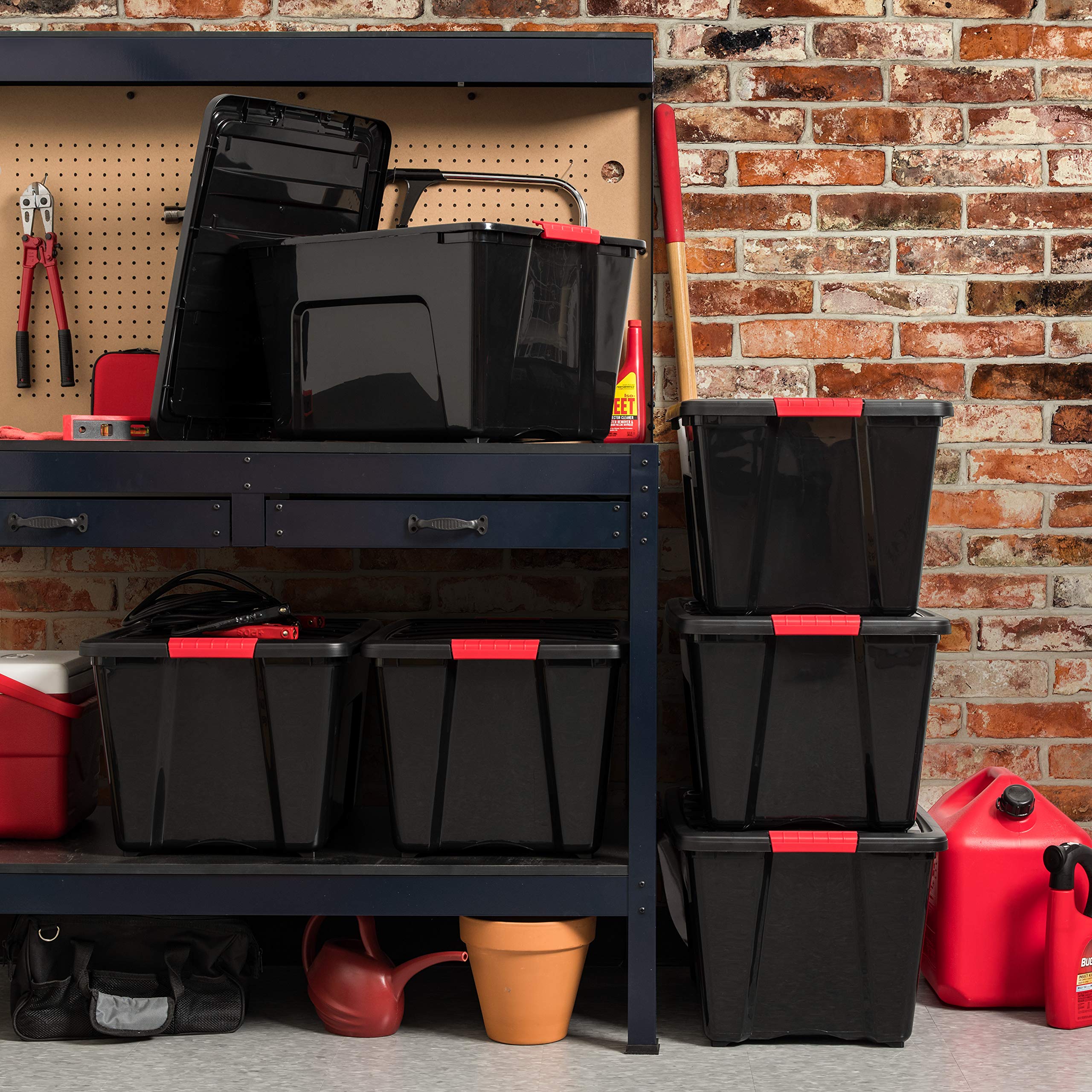 IRIS USA 54 Qt Stackable Plastic Storage Bins with Lids, 4 Pack - BPA-Free, Made in USA - Durable Nestable Containers for Garage, Closet & Home Organization - Secure Pull Handle & Latches - Black Storage Boxes for Toys, Seasonal Decor & Household Items