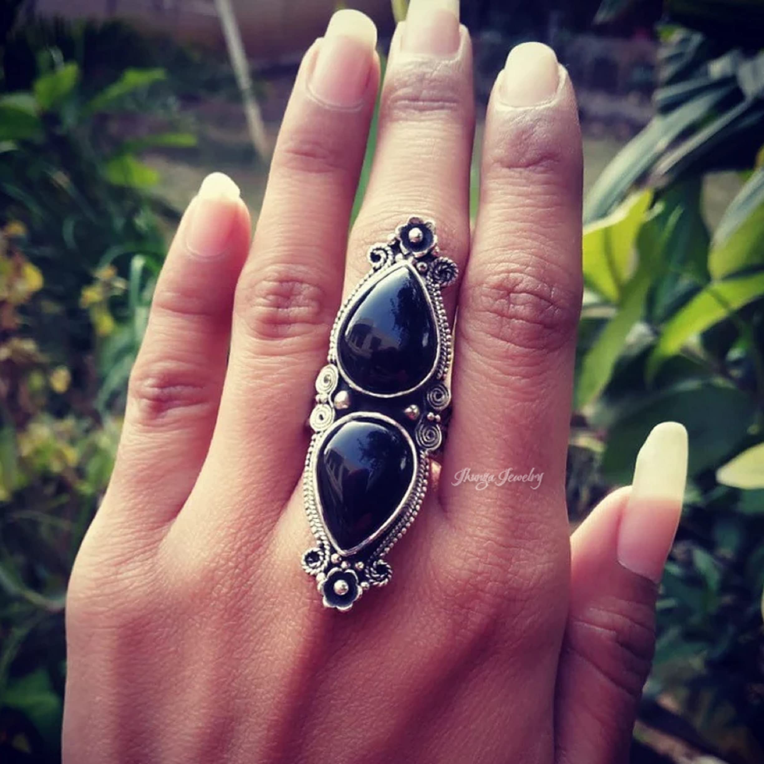 Black Onyx Ring - 925 Sterling Silver Handmade Boho Statement Ring | Artisan Designer Wedding Promise Ring | Vintage Pear Shape Onyx Silver Jewelry for Women - Perfect for Boho Chic, Evening Wear & Special Occasions
