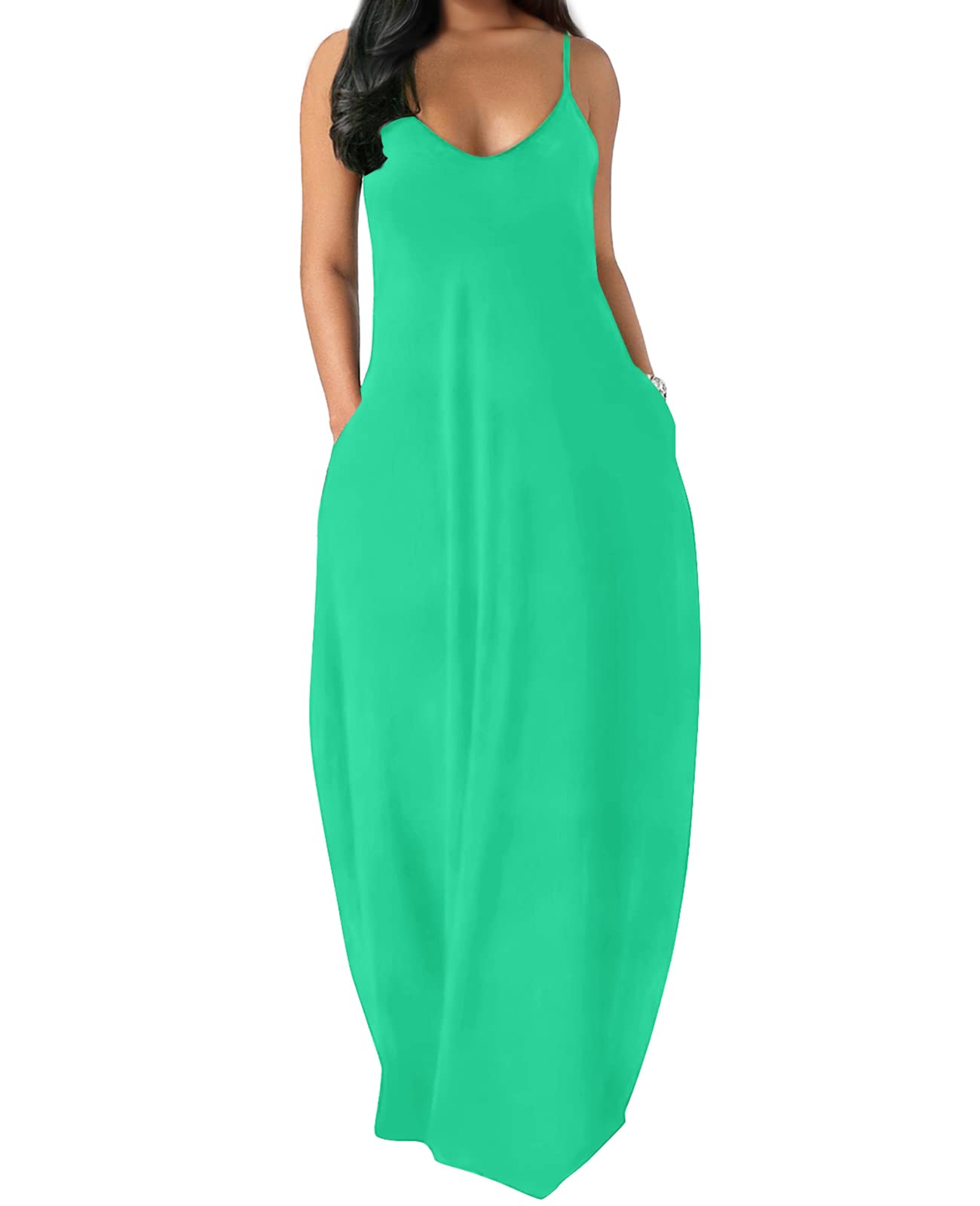 OFEEFAN Women's Summer Maxi Dress - Spaghetti Strap Flowy Long Dress with Pockets | Beach Cover Up, Vacation Outfit, Casual Sundress for Outdoor Activities