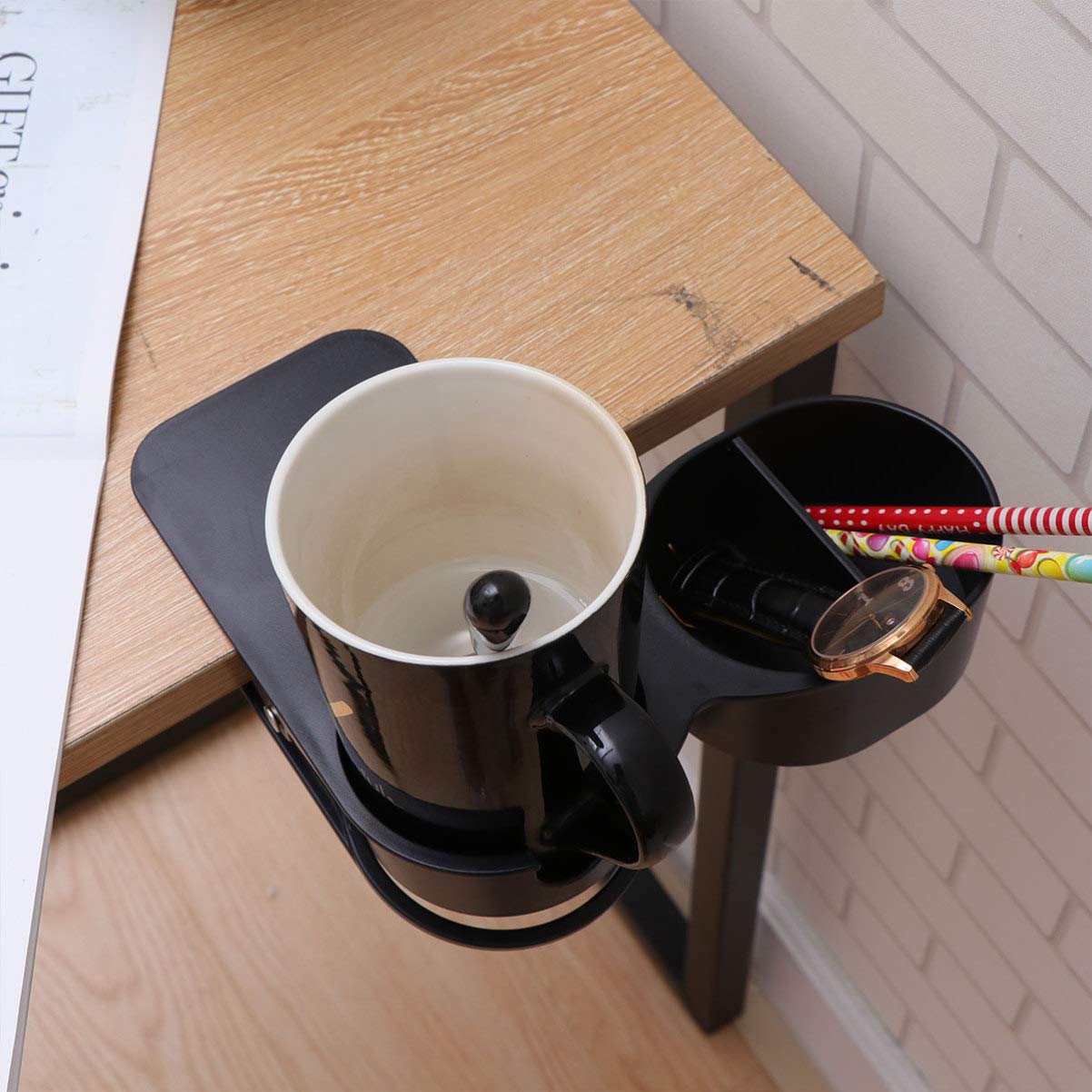 UPKOCH Clip On Cup Holder - Adjustable Drink Beverage Mug Organizer for Desk, Table, Car, Office & Home - Perfect for Coffee, Tea, Soda & Water Bottles (Black) - Ideal for Workstations, Study Tables & Vehicle Use