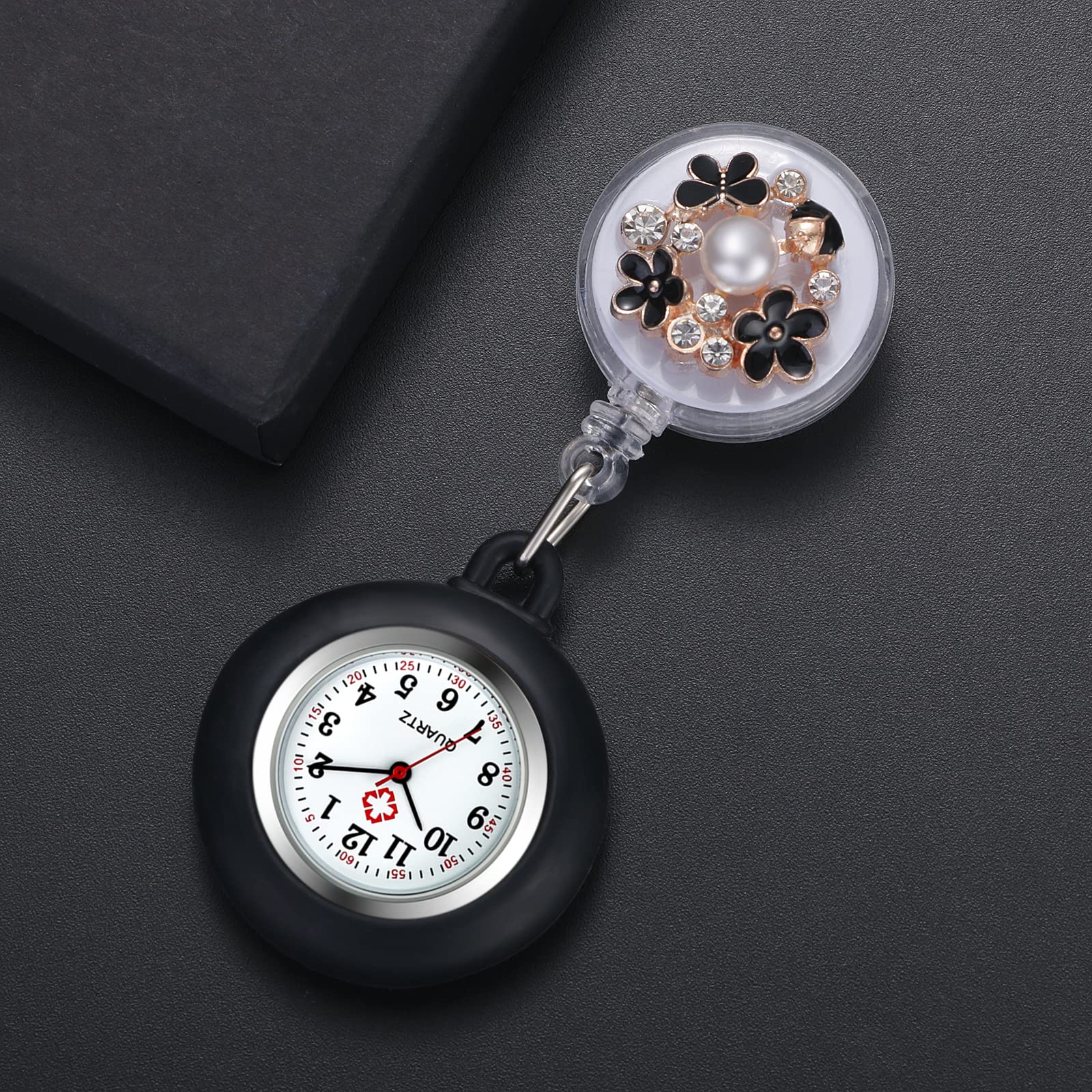 Lancardo Retractable Nurse Watch Clip - Pearl Flower Badge with Second Hand & Stethoscope Lapel Fob - Waterproof Pocket Watch for Doctors & Nurses (Men & Women) - Perfect for Medical Shifts, Clinical Work & Healthcare Professionals