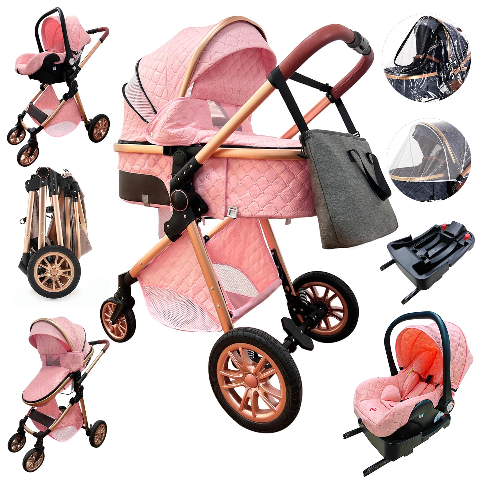 3 in 1 Baby Stroller with Infant Carrier & Reversible Bassinet - Lightweight Portable Travel Stroller, One-Click Fold, Adjustable 3 Modes, High Aluminum Frame for Newborn to Toddler (Pink) - Perfect for Shopping, Travel & Daily Walks