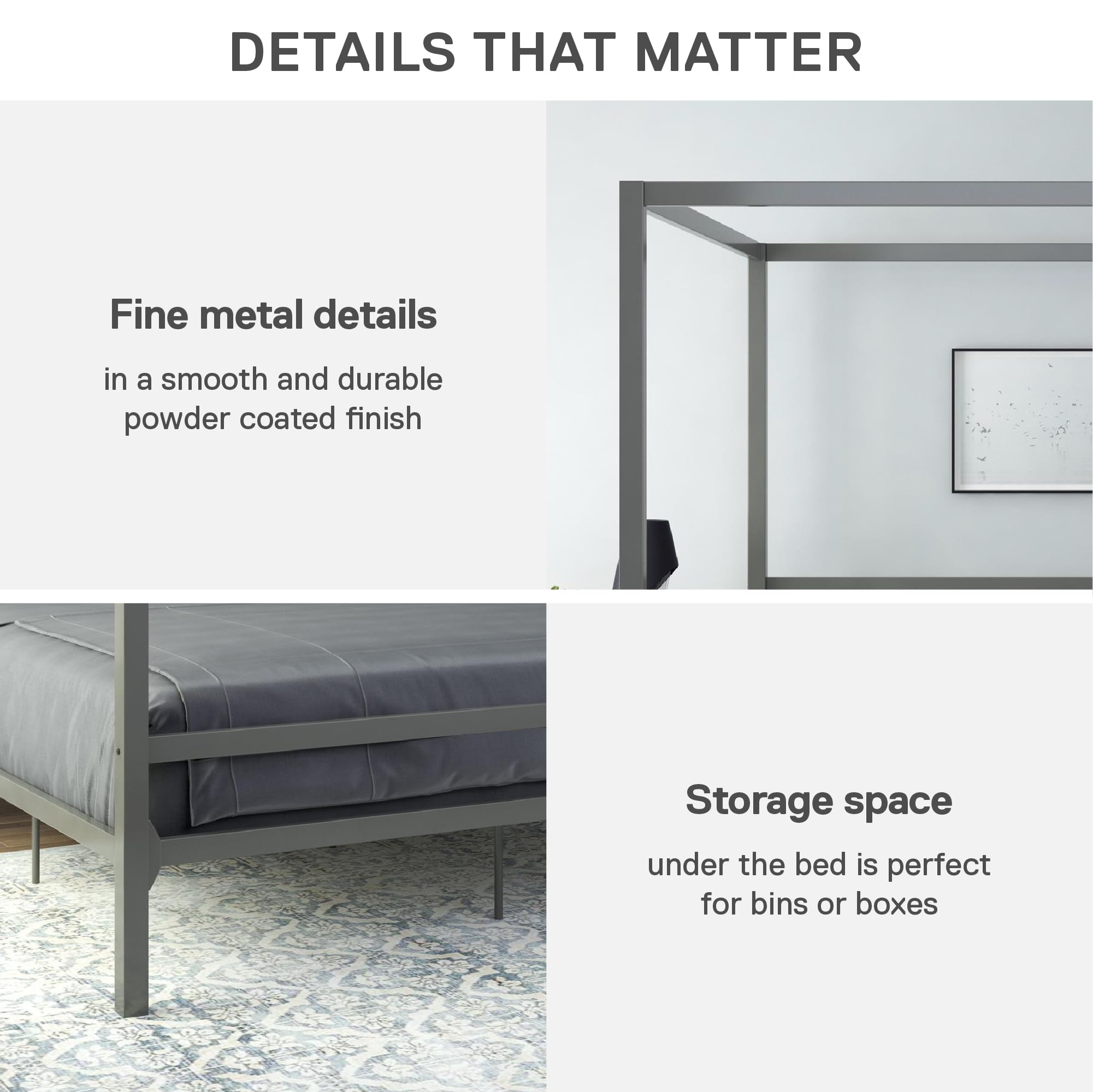 DHP King Metal Canopy Bed Frame - Modern Platform Bed with Built-In Headboard, Sturdy Steel Frame, No Box Spring Needed in Gunmetal Gray - Perfect for Master Bedroom, Guest Room & Modern Home Decor