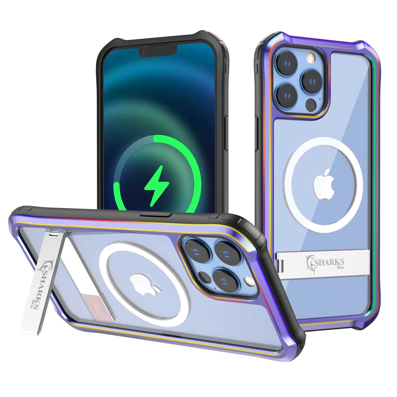 Magnetic Clear Case for iPhone 13 Pro Max with Iridescent Metal Frame & Kickstand | Magsafe Compatible | Shockproof Color Changing Phone Cover (6.7