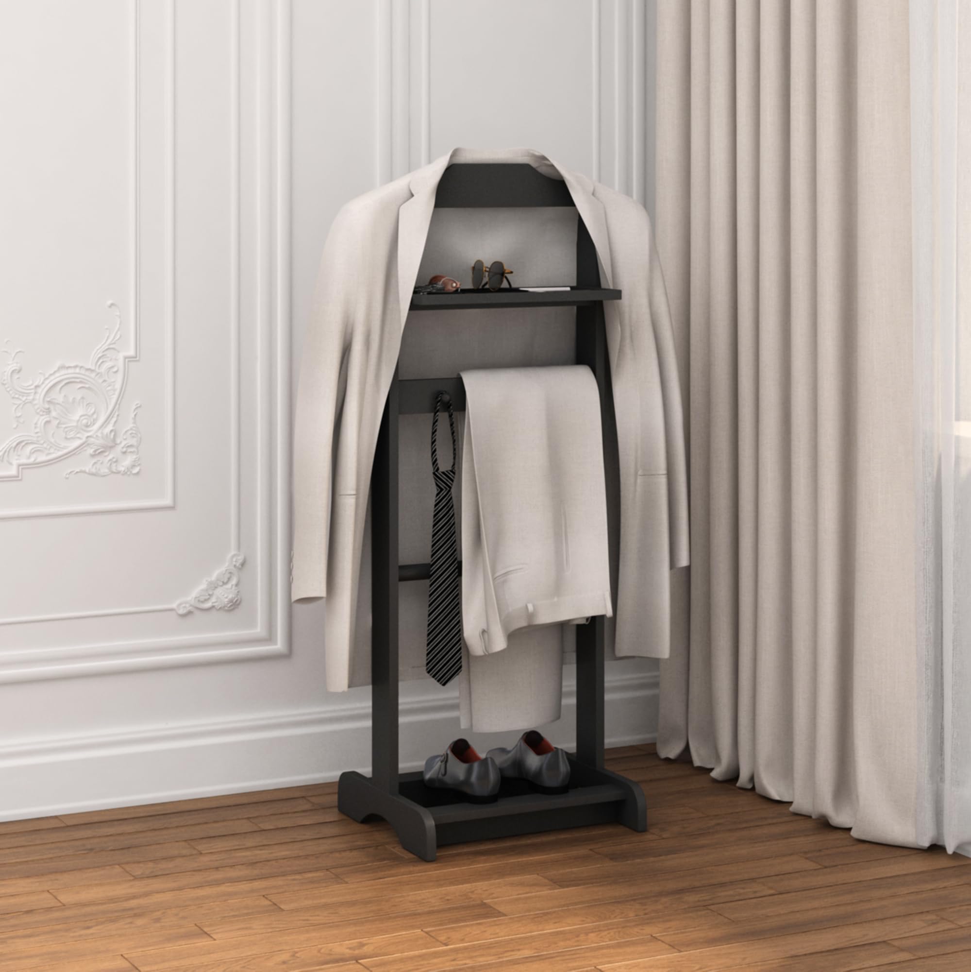Portable Valet Stand with Top Tray - Foldable Clothes Rack for Entryway, Office & Living Room - Space Saving Garment Organizer (Black) | Perfect for Small Spaces, Guest Rooms & Daily Outfit Planning