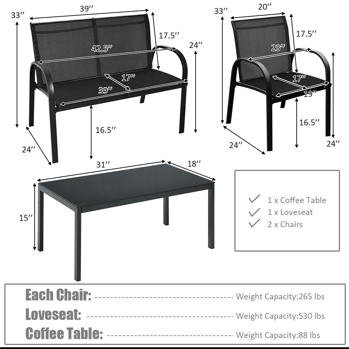 HAPPYGRILL 4-Piece Outdoor Patio Conversation Set with Coffee Table - Garden, Lawn & Backyard Furniture for Relaxing & Entertaining
