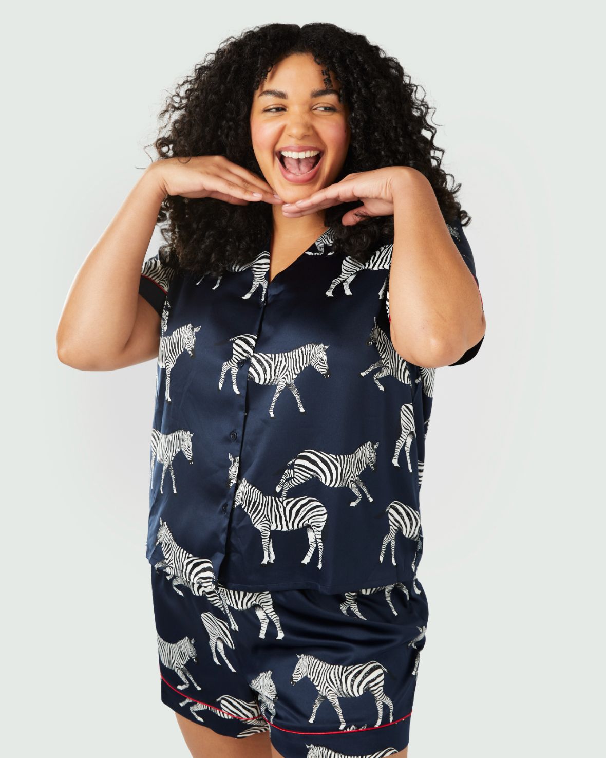 Satin Zebra Print Short Pajama Set for Women - Navy Blue Sleepwear for Summer & Lounge Wear - Comfortable Nightwear for Relaxing at Home