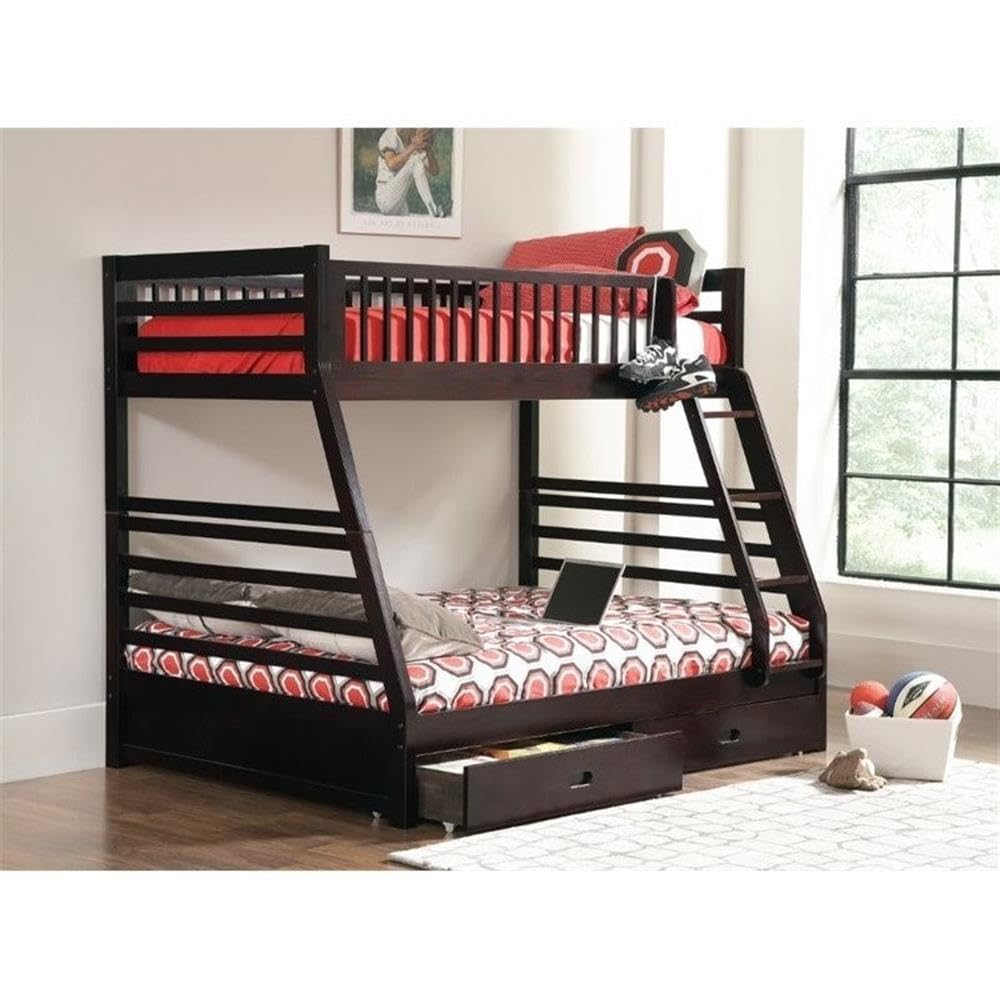 Stonecroft Guerrero Twin Over Full Bunk Bed with Storage Drawers in Cappuccino Finish - Space-Saving Kids Bedroom Furniture for Siblings or Sleepovers