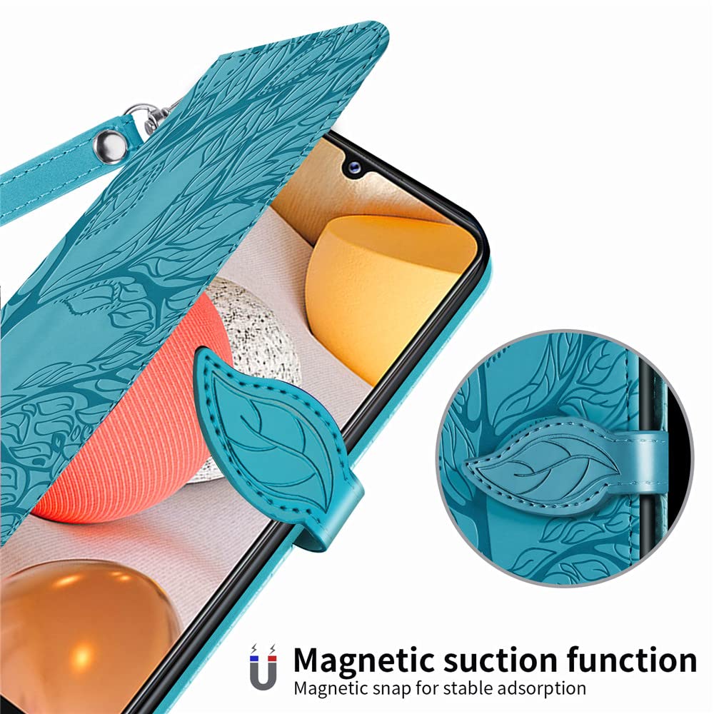 Premium PU Leather Samsung Galaxy A12 Case with Kickstand & Card Slots - Embossed Tree Design, Folio Flip Cover with Wrist Strap for 6.5