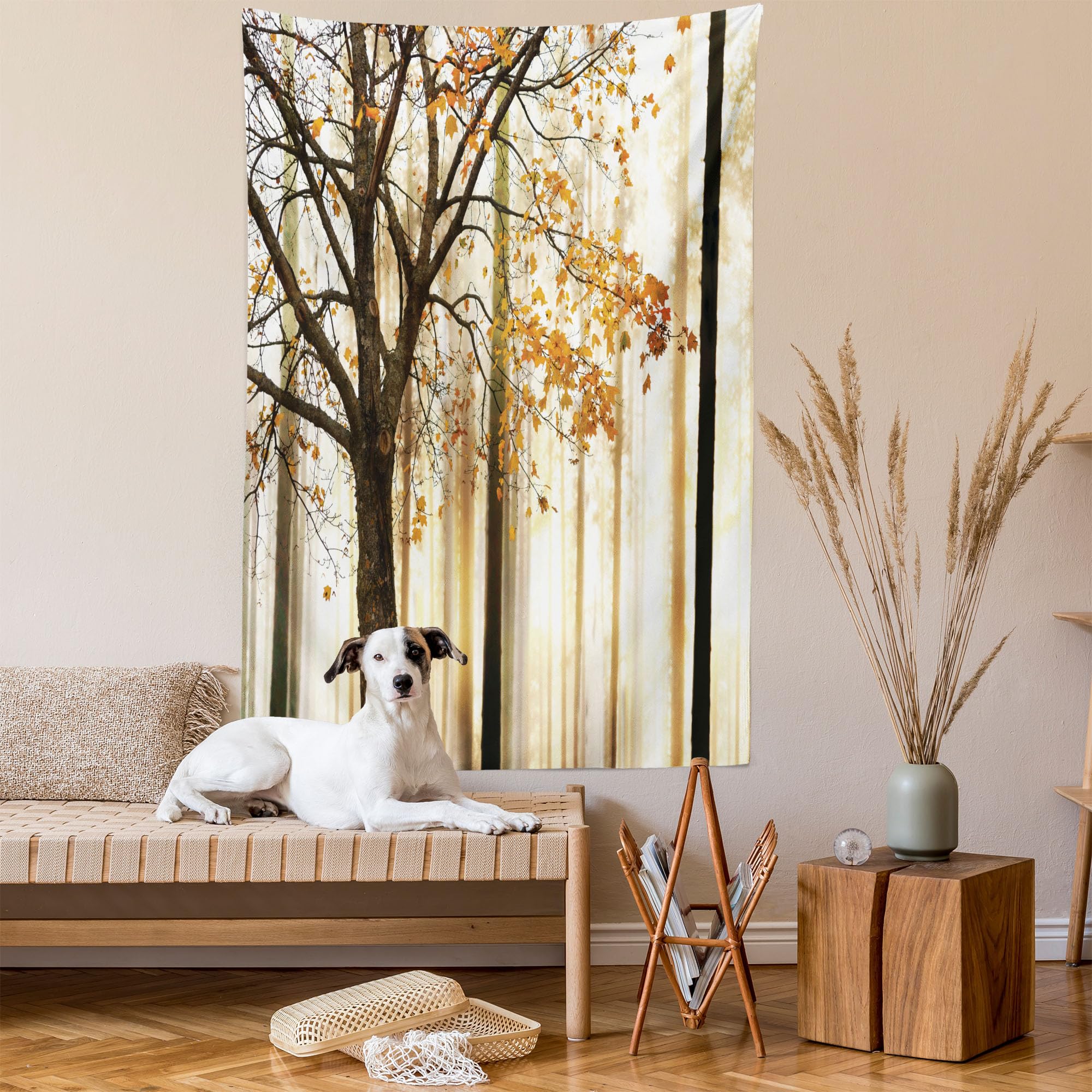 Ambesonne Autumn Tapestry - Queen Size Wall Hanging Bedspread with Abstract Woodland Tree Leaves Print in Orange & Brown | Home Decor for Living Room, Bedroom, Dorm | Cozy Fall Seasonal Decoration