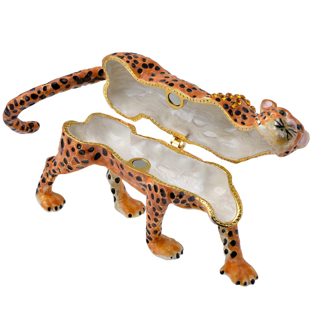 Golden Crystal Enameled Leopard Jewelry Box - Hand-Painted Hinged Jaguar Trinket Box for Women, Elegant Home Décor & Unique Gift for Animal Lovers - Perfect for Jewelry Storage, Vanity Organizer & Gift Giving