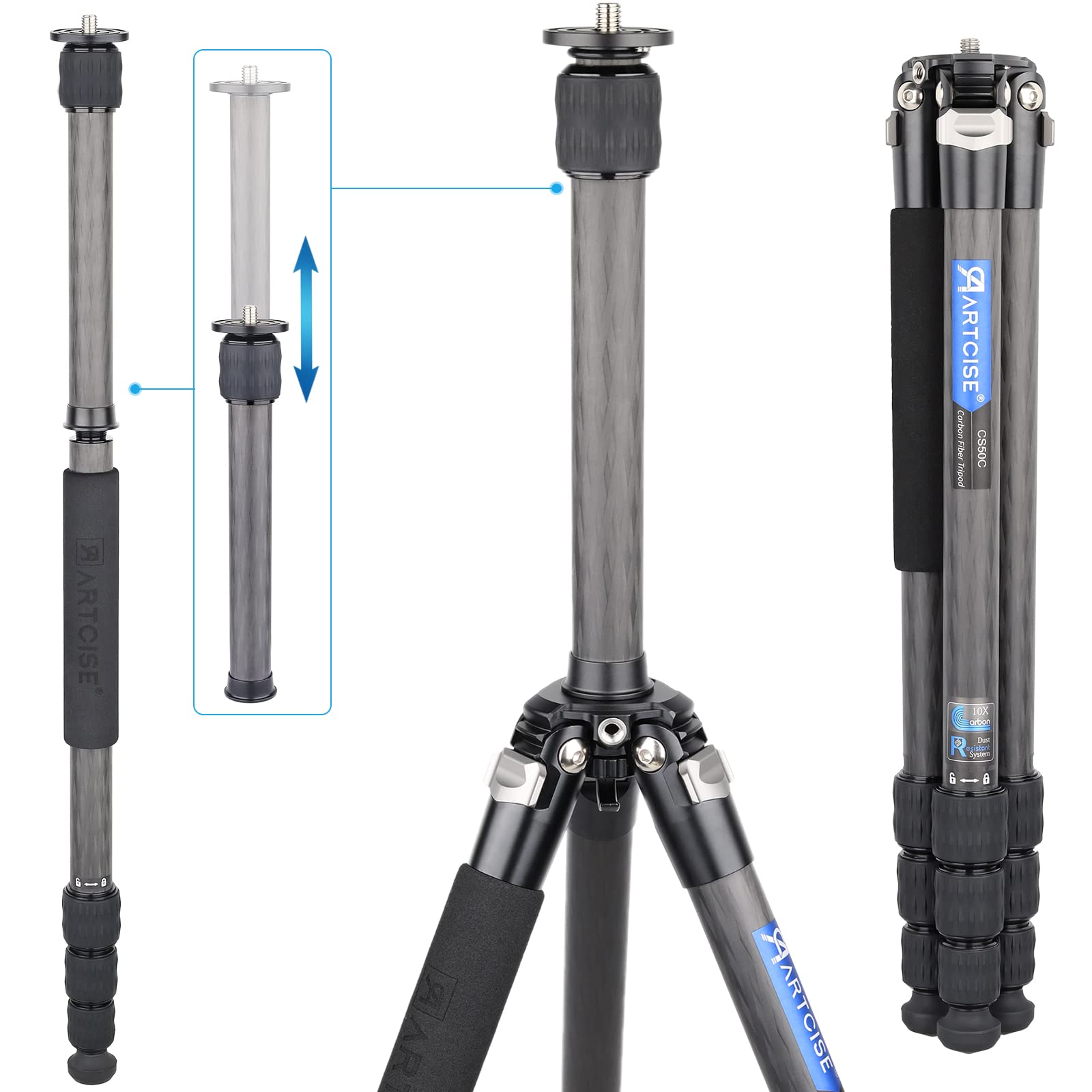 10-Layer Carbon Fiber Tripod - Compact & Lightweight Travel Camera Stand with Detachable Monopod, Threaded Hole Design for DSLR & Video Cameras, Holds Up to 33.1lbs/15kg (Tripod Head Not Included) - Perfect for Travel Photography, Vlogging, and Outdoor Shooting
