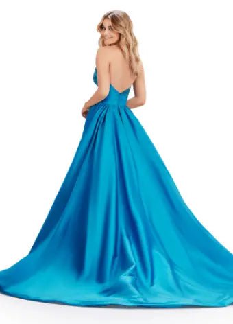 ASHLEYlauren 11571 Elegant Fully Beaded Evening Gown with Taffeta Belt & Detachable Overskirt - Perfect for Prom, Black Tie Events & Formal Weddings