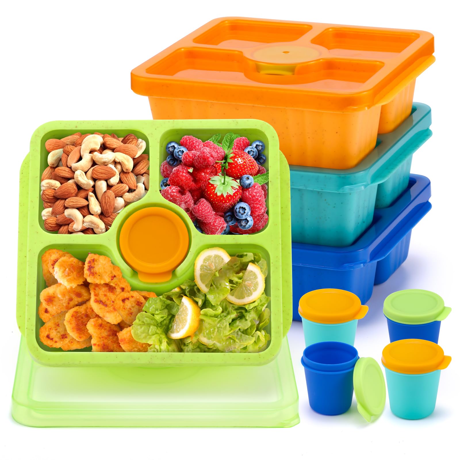 QQKO 4-Pack Bento Box for Adults & Kids - Reusable Divided Lunch Containers with Lids & Sauce Cups - Stackable Meal Prep Food Storage Containers - Perfect for School, Office, Picnics & Travel
