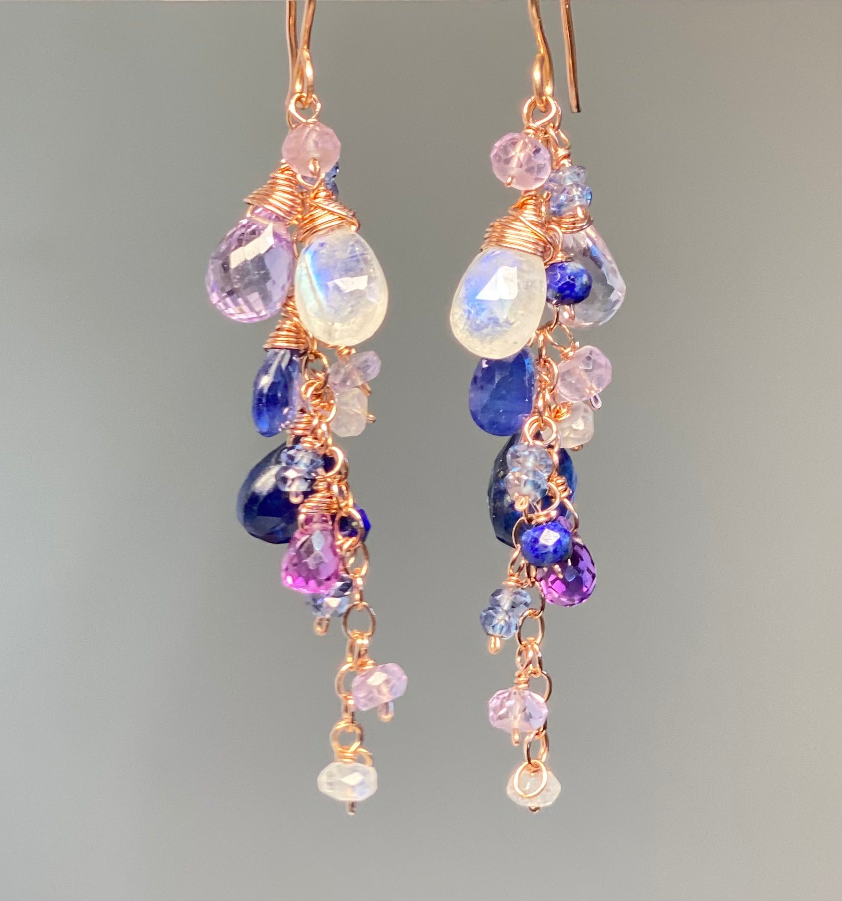Blue Violet Rose Gold Dangle Earrings with Moonstone, Kyanite, Amethyst & Violet Quartz Gemstones – Elegant Boho Jewelry for Women, Perfect for Weddings, Parties & Everyday Wear