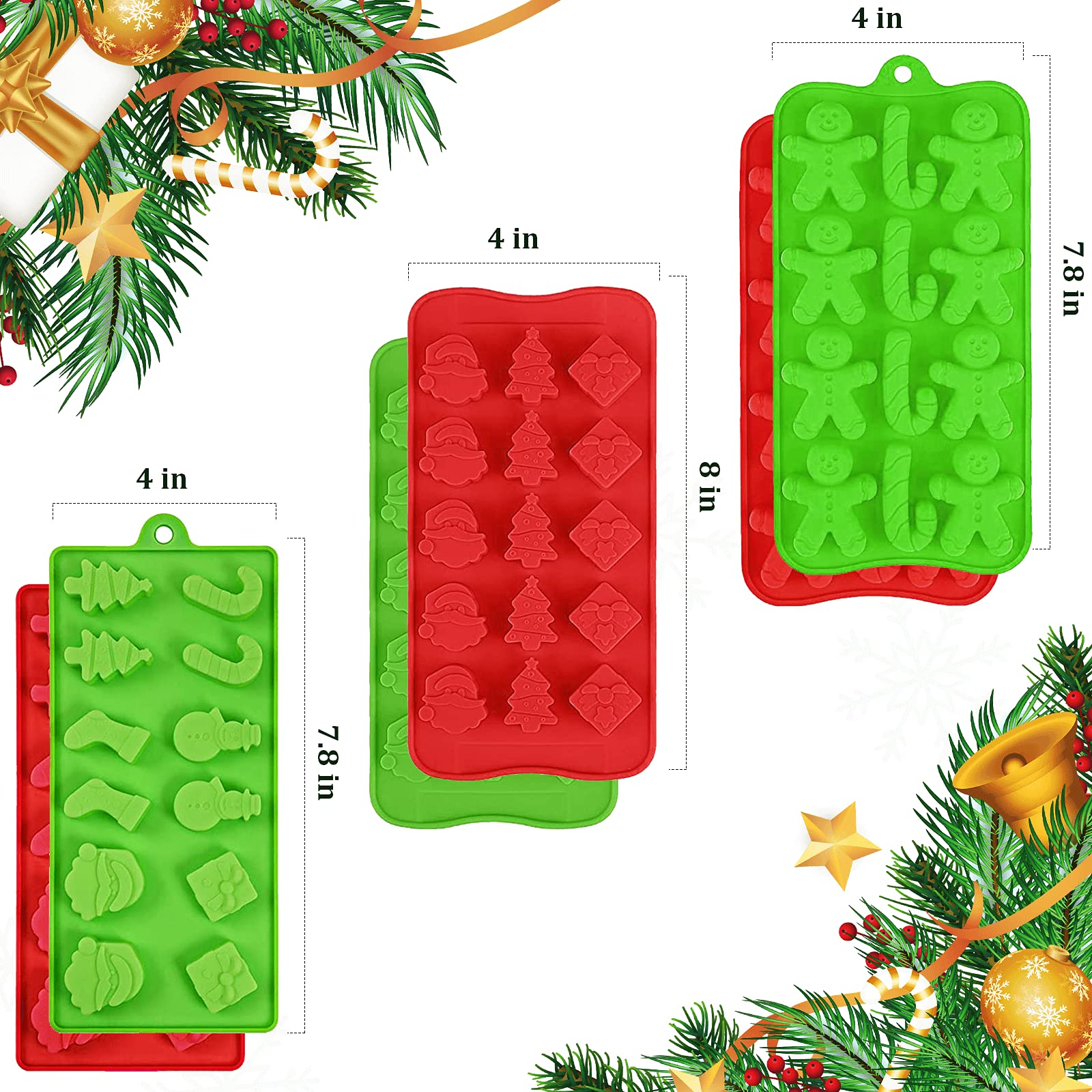 6Pcs Christmas Silicone Molds Set - Santa, Snowman, Tree, Gingerbread, Star & Candy Cane Shapes for Chocolate, Candy, Cake Toppers, Ice Cubes & Jello - Perfect for Holiday Baking, Party Decor & DIY Gifts