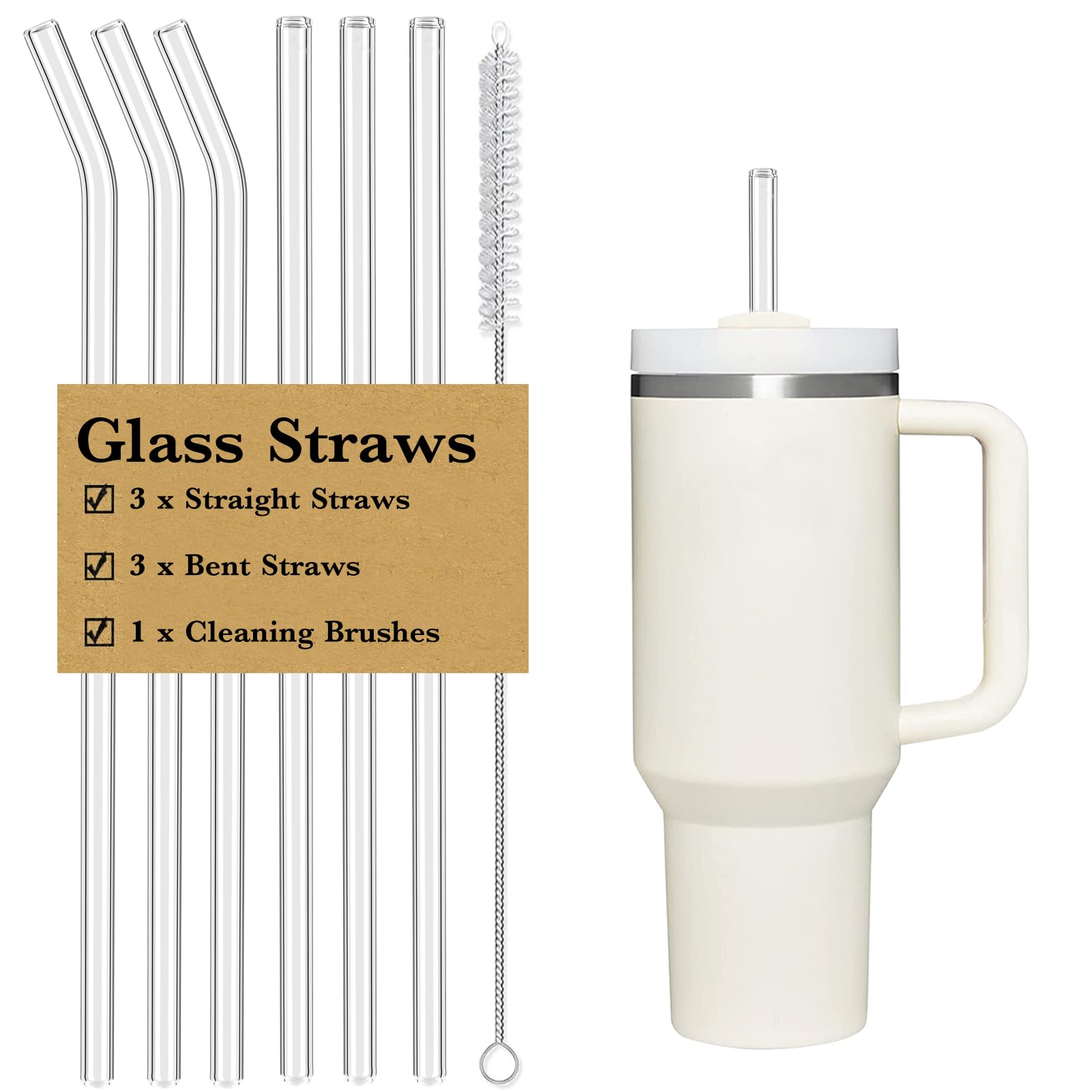 Reusable Glass Straws for Stanley 40oz & 30oz Tumblers - 6 Pack Clear Replacement Straws with Cleaning Brush | Eco-Friendly Drinking Accessories for Water Bottles, Smoothies & Iced Coffee