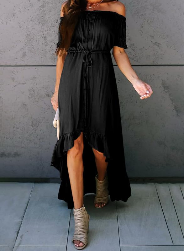 Dokotoo Women's 2025 Off Shoulder Casual Short Sleeve Maxi Dress - High Low Solid Cocktail Skater Dress for Summer Beach Party & Evening Out