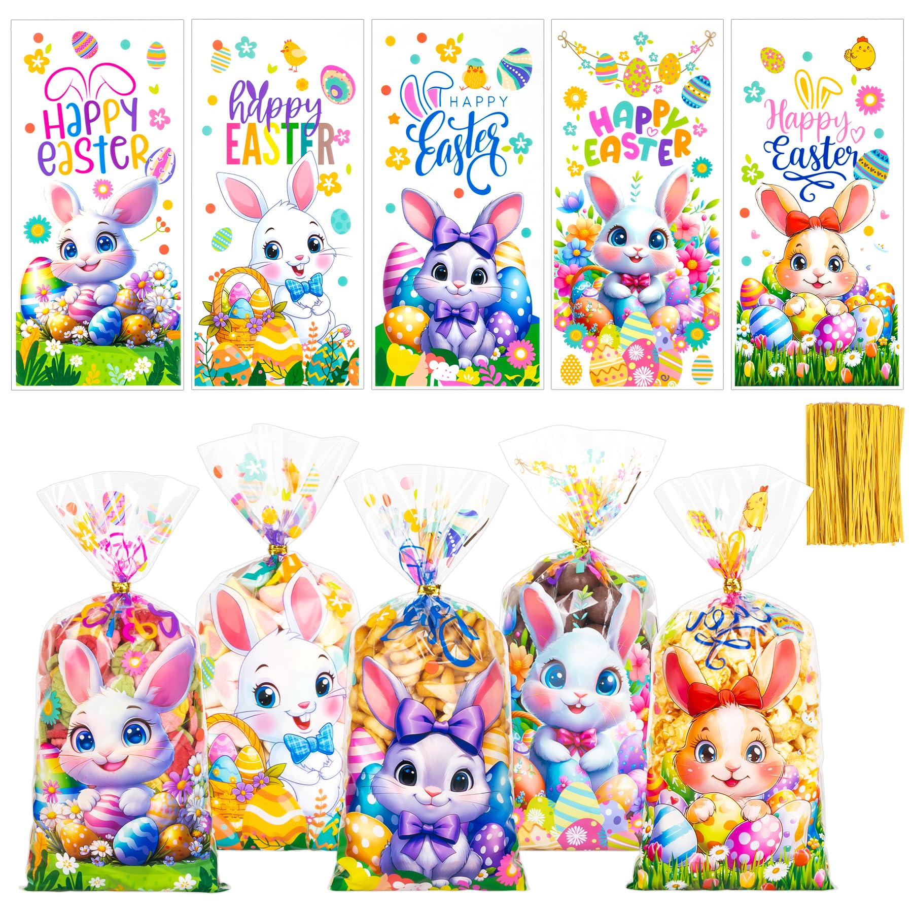 100 PCS Easter Treat Bags with 120 Twist Ties - 5 Styles Colorful Cellophane Candy Bags for Kids Party Favors, Easter Egg Hunt Supplies & Holiday Gift Wrapping - Durable Goodie Bags for Classroom Treats, Birthday Parties & Festive Celebrations