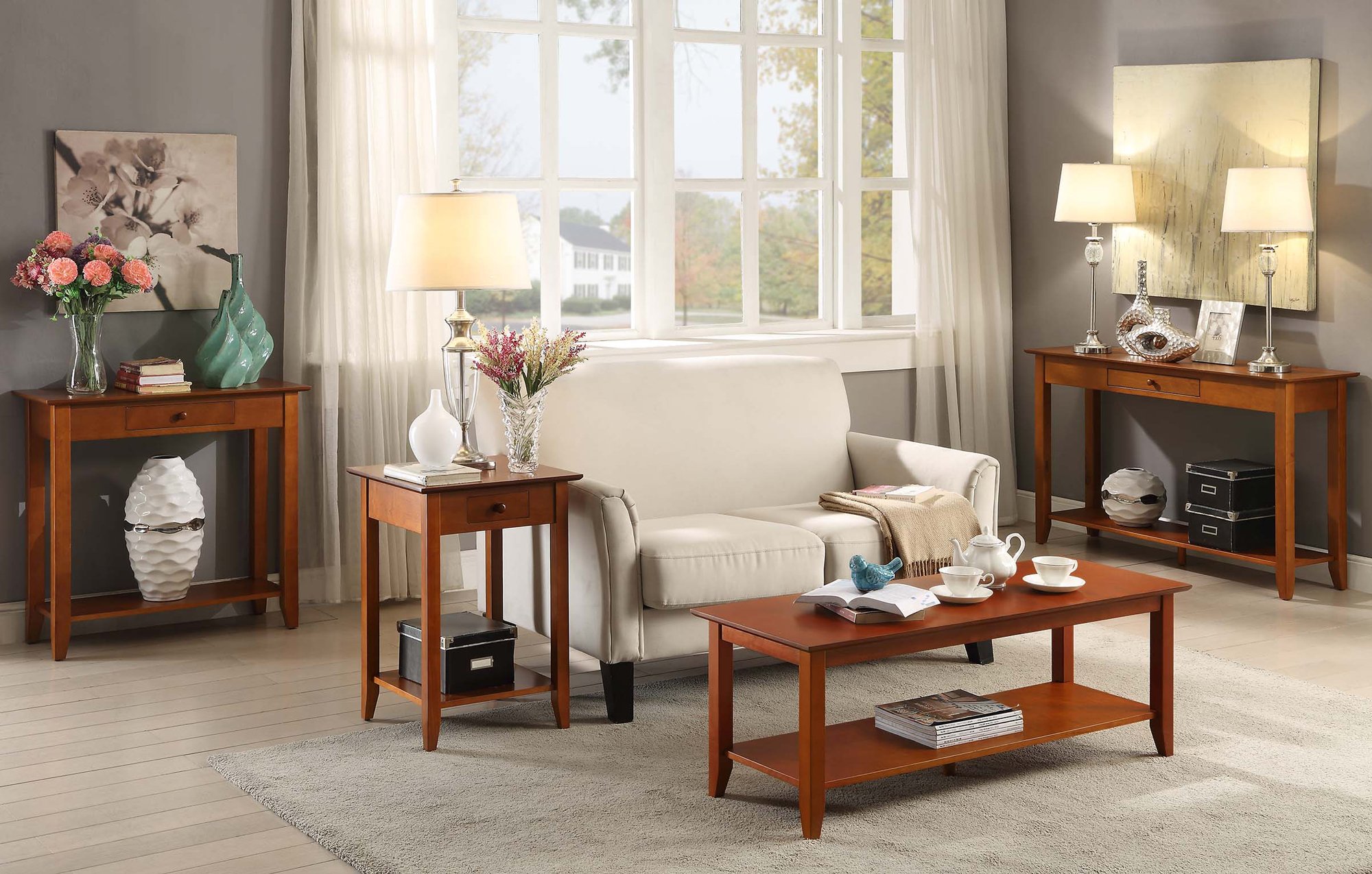 Convenience Concepts American Heritage 1-Drawer Hall Table with Shelf in Cherry Finish - Perfect for Entryway, Foyer & Small Space Organization