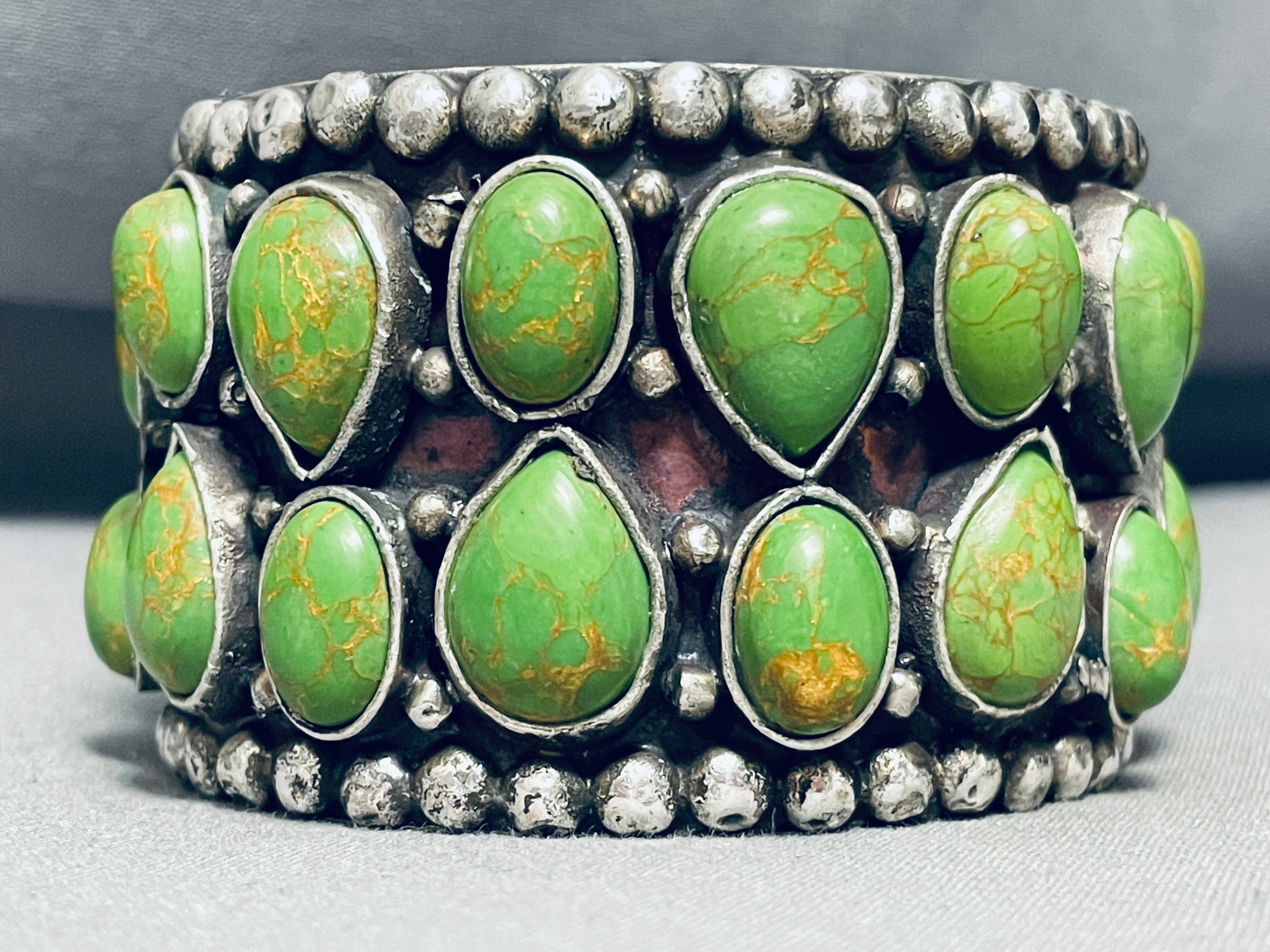 107 Grams Heavy Gaspeite Vintage Sterling Silver Bracelet Cuff - Elegant Handmade Jewelry for Women, Perfect for Parties, Weddings & Special Occasions