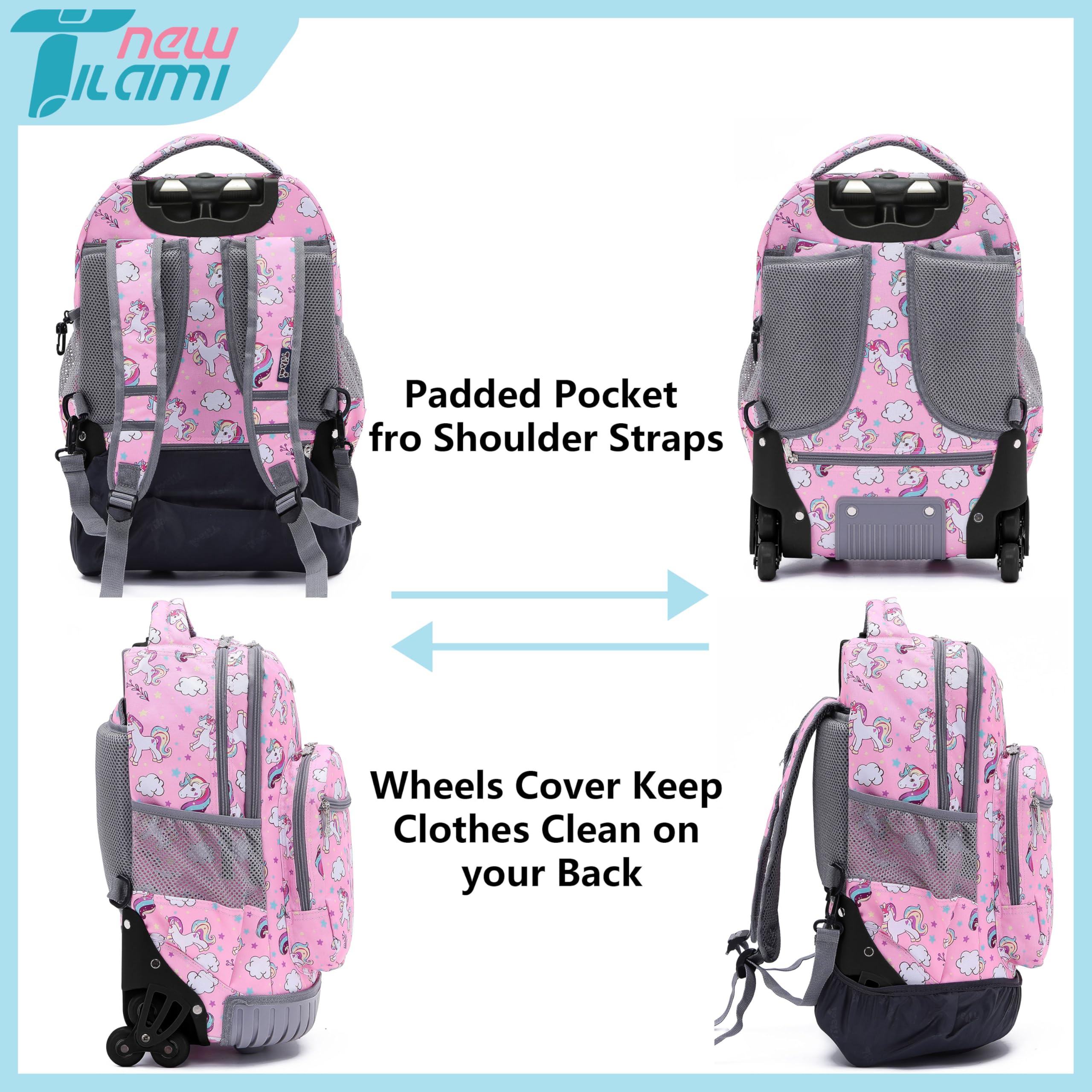 TILAMI Unicorn Rolling Backpack for Kids - 18 Inch Adjustable Wheeled Laptop Backpack for Girls & Boys, School Travel Backpack with Wheels, Perfect for School, Travel, Camping & Daily Use