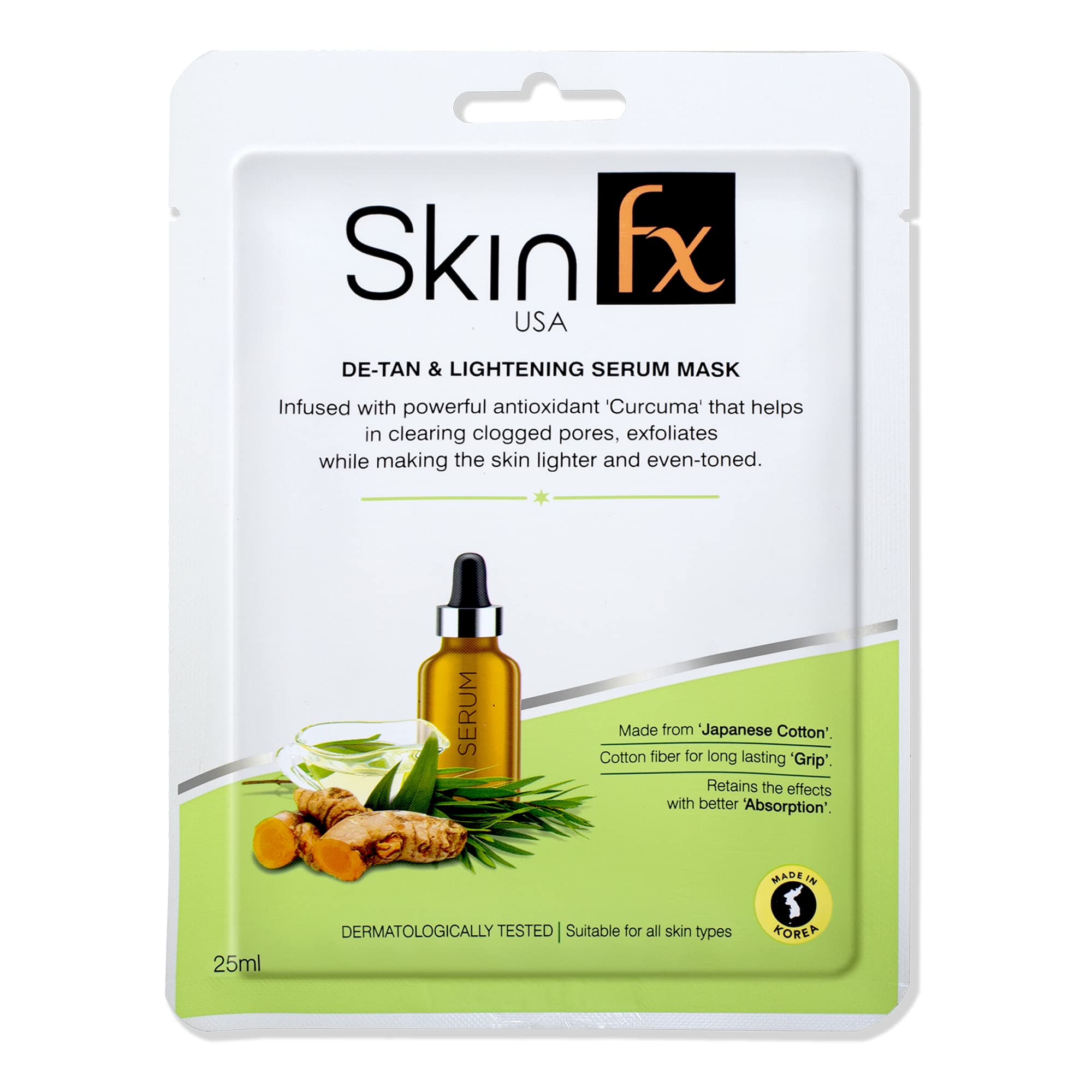 Skin FX Detan Brightening Face Mask with Chamomile, Coconut Oil & Turmeric - Dark Spot Corrector for Pigmentation, Sunburn & Tan Removal | Korean Skincare Facial Serum Sheet Mask for Men & Women | Pack of 1 | Perfect for Post-Sun Care & Evening Skincare Routine