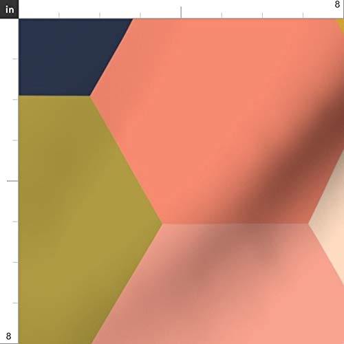 Hexagon Wholecloth Cheater Quilt Top Coral Hexagons Navy Geometric Upholstery Velvet Fabric - Fat Quarter for Quilting, Home Decor & Apparel | Perfect for DIY Quilts, Throw Pillows & Fashion Accessories