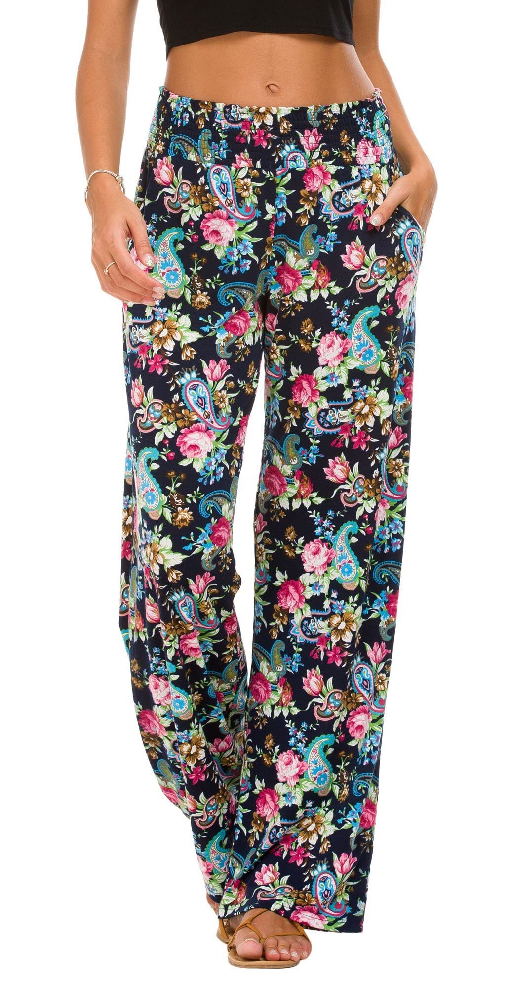 Urban CoCo Women's Boho Palazzo Pants - Wide Leg Beach Lounge Pants with Pockets - High Waisted Comfort for Summer, Travel & Yoga (Casual, Vacation, Festival Outfit)