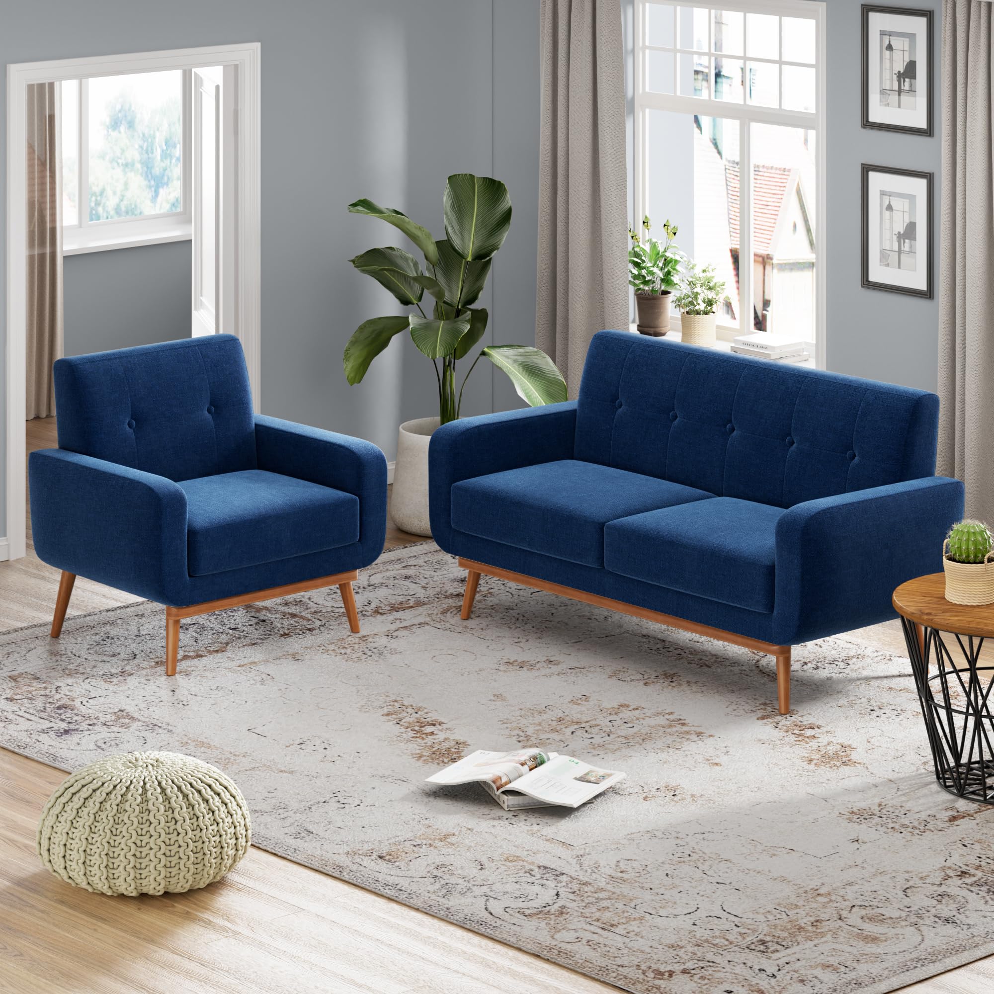 Modern Upholstered Button Tufted Living Room Furniture Set - 2 Piece Loveseat & Chair Sofa Set with Solid Frame & Deep Seat for Home, Office (Dark Blue) | Perfect for Small Spaces, Apartments & Cozy Family Gatherings