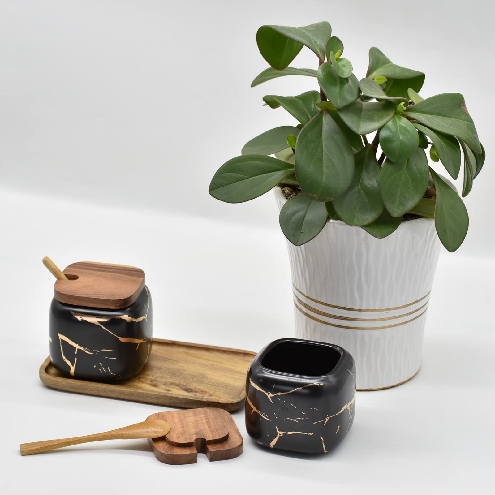 2-Piece Marble Ceramic Seasoning Jars Set with Wooden Lids, Spoon & Tray - Salt, Sugar & Spice Storage Containers - Perfect for Kitchen Countertop & Dining Table Organization (Black)